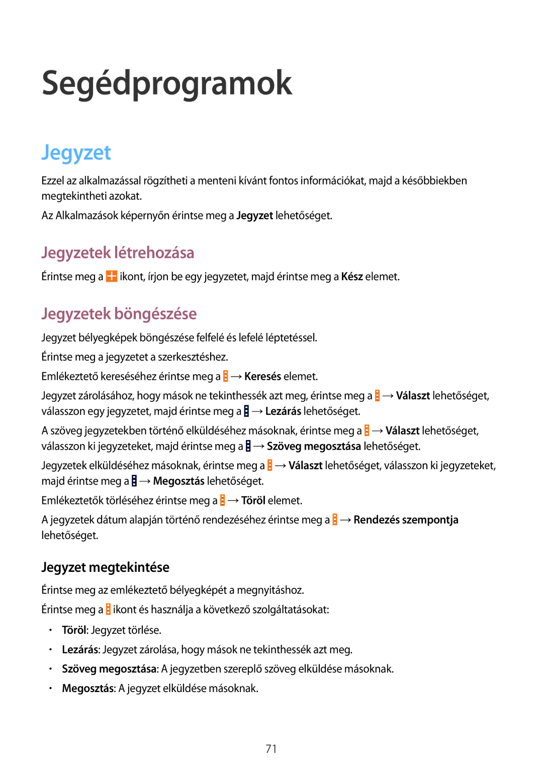 Samsung SM2G355HZWNETL, SM-G355HZKNTPL, SM-G355HZWNTPL manual Segédprogramok, Jegyzetek létrehozása, Jegyzetek böngészése 