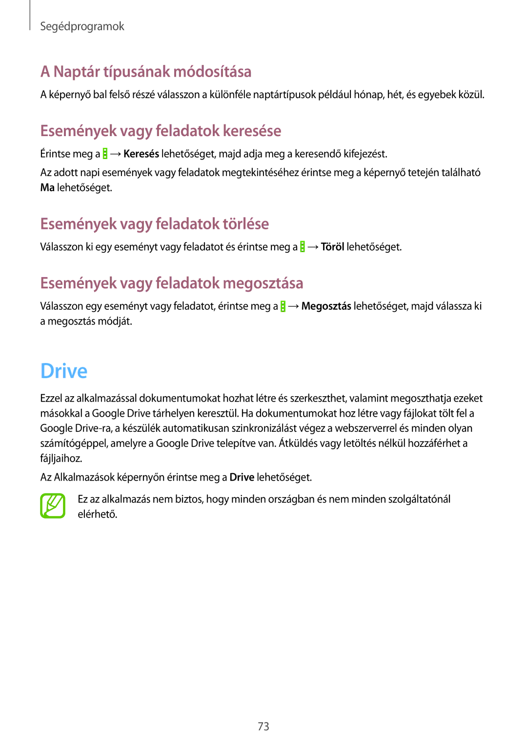 Samsung SM-G355HZWNTPL, SM-G355HZKNTPL manual Drive, Naptár típusának módosítása, Események vagy feladatok keresése 