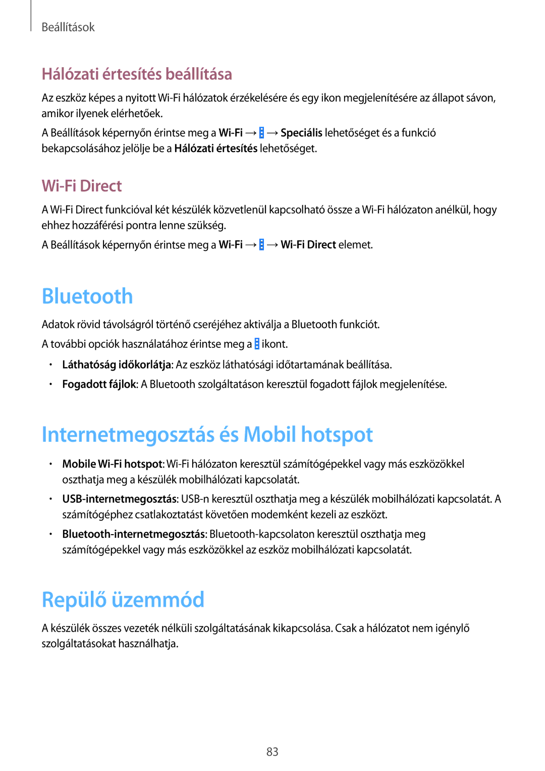 Samsung SM2G355HZWNETL Internetmegosztás és Mobil hotspot, Repülő üzemmód, Hálózati értesítés beállítása, Wi-Fi Direct 