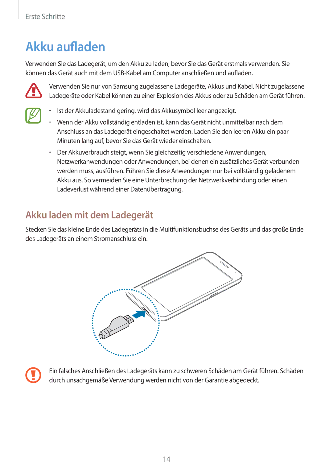 Samsung SM-G355HZWDDBT, SM-G355HZKDDBT, SM-G355HZWDTPH, SM-G355HZKDOPT manual Akku aufladen, Akku laden mit dem Ladegerät 