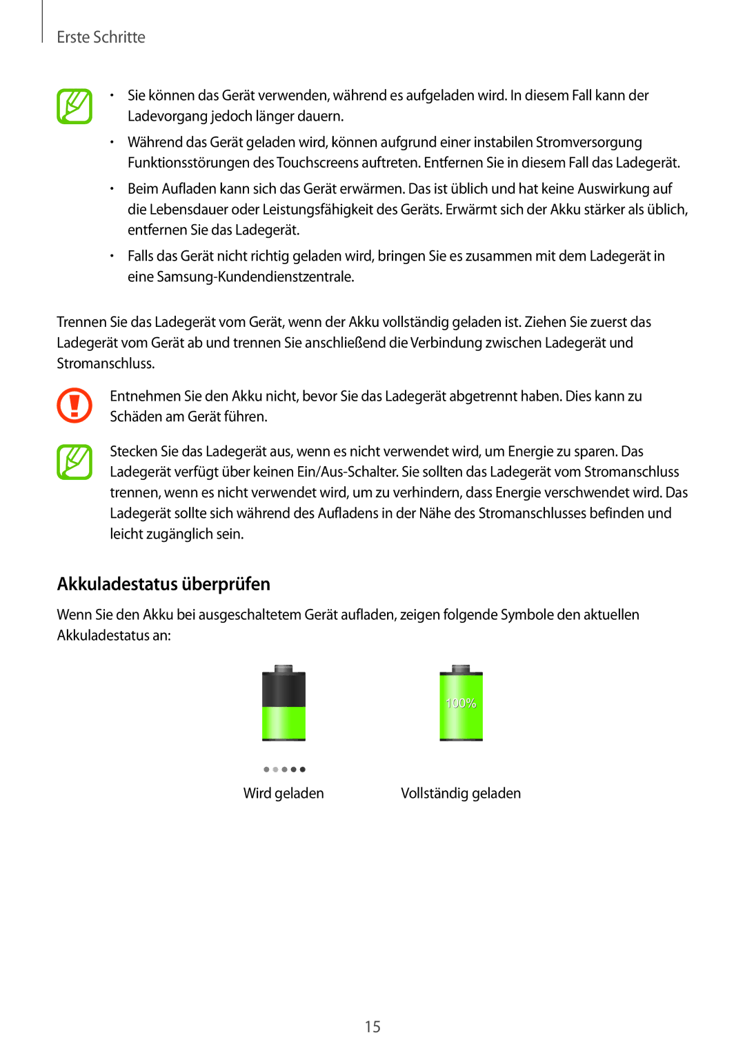 Samsung SM-G355HZKDDBT, SM-G355HZWDDBT, SM-G355HZWDTPH, SM-G355HZKDOPT, SM-G355HZKDMBC manual Akkuladestatus überprüfen 