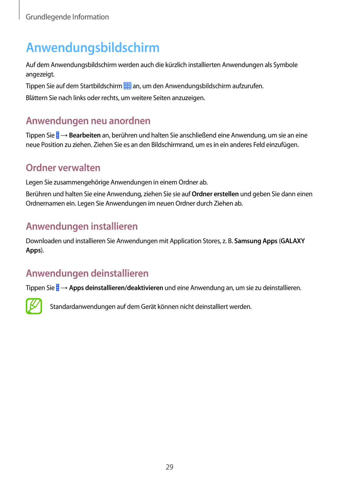 Samsung SM-G355HZKDDBT manual Anwendungsbildschirm, Anwendungen neu anordnen, Ordner verwalten, Anwendungen installieren 