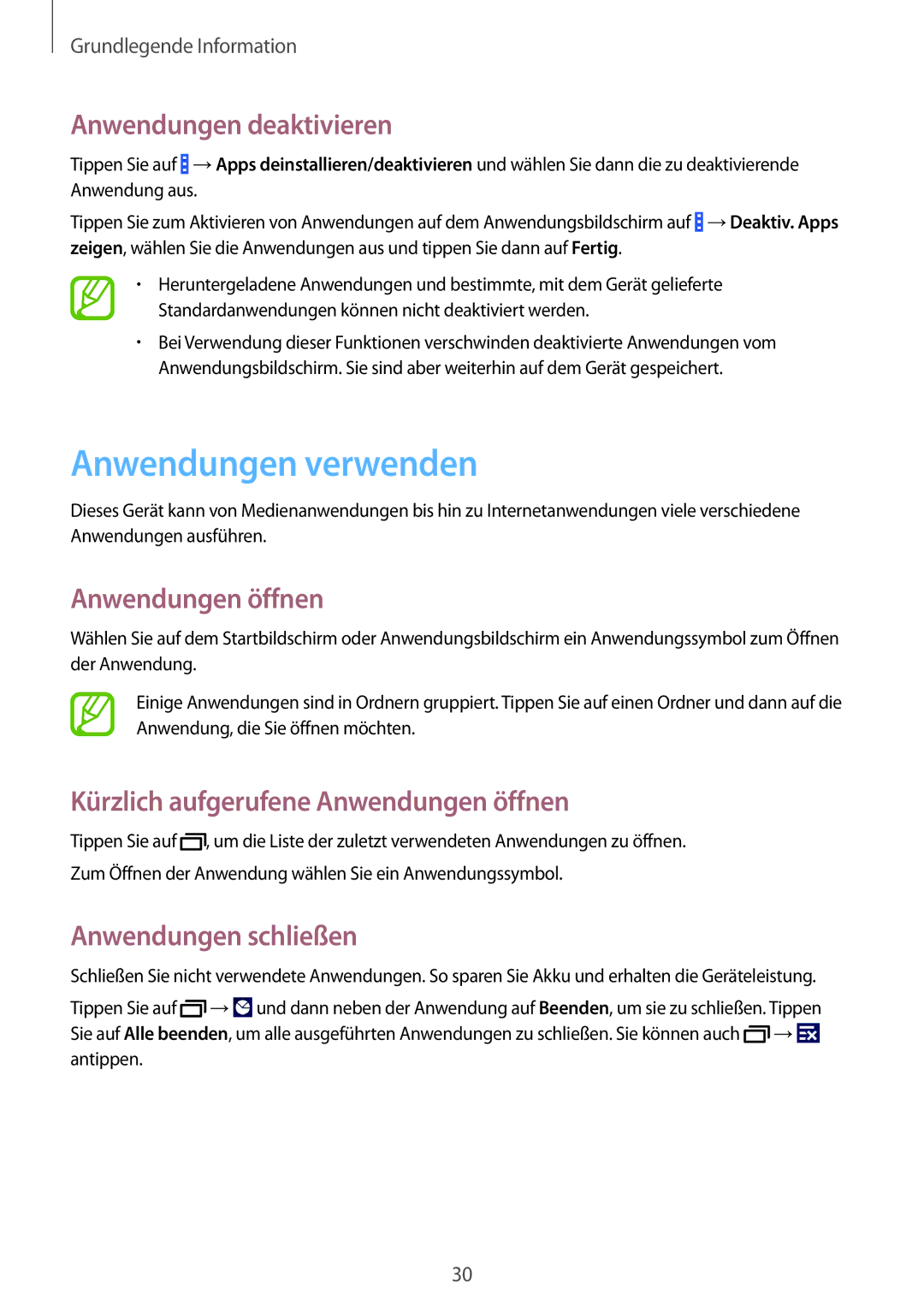 Samsung SM-G355HZWDTPH manual Anwendungen verwenden, Anwendungen deaktivieren, Anwendungen öffnen, Anwendungen schließen 