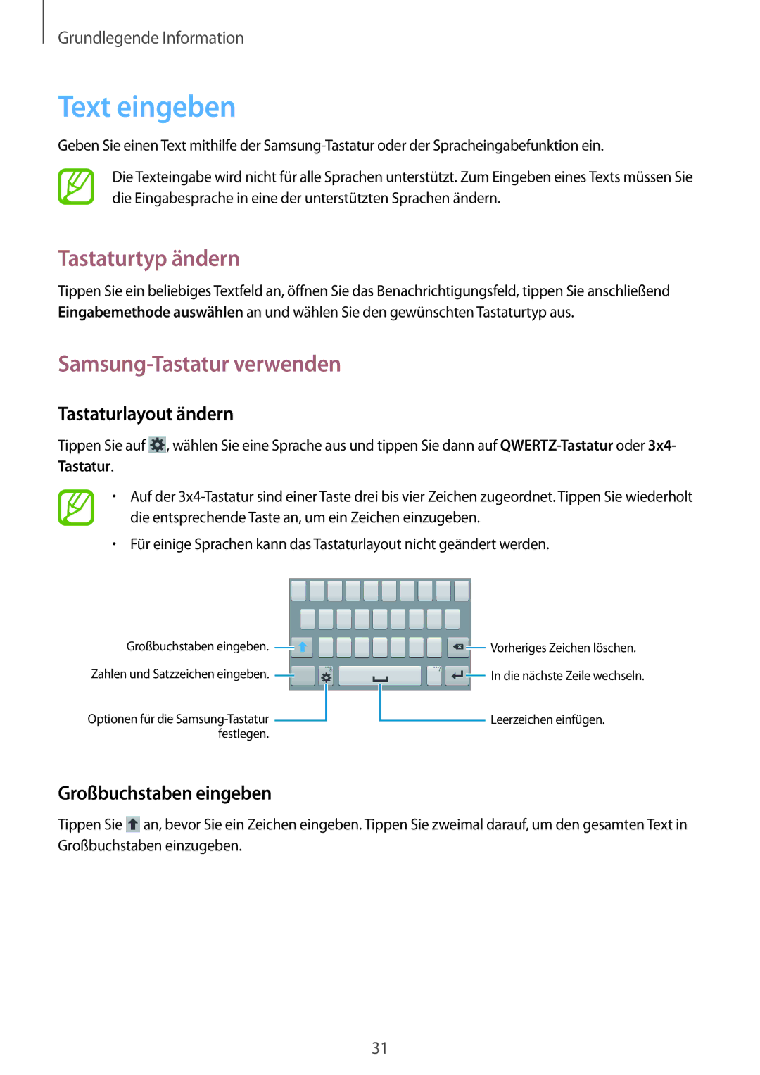 Samsung SM-G355HZKDOPT manual Text eingeben, Tastaturtyp ändern, Samsung-Tastatur verwenden, Tastaturlayout ändern 