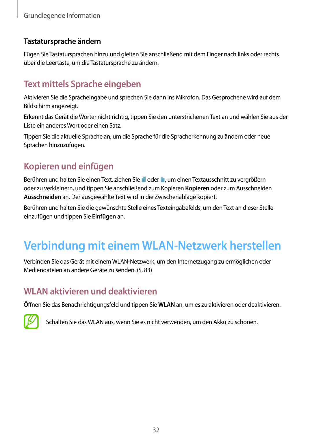 Samsung SM-G355HZKDMBC manual Text mittels Sprache eingeben, Kopieren und einfügen, Wlan aktivieren und deaktivieren 