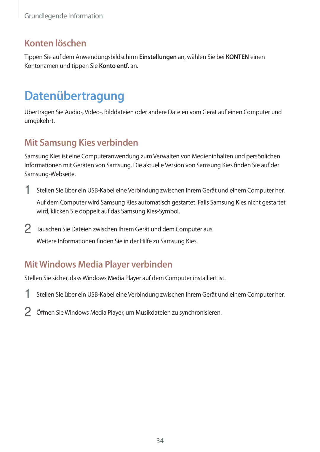 Samsung SM-G355HZKDTPH Datenübertragung, Konten löschen, Mit Samsung Kies verbinden, Mit Windows Media Player verbinden 