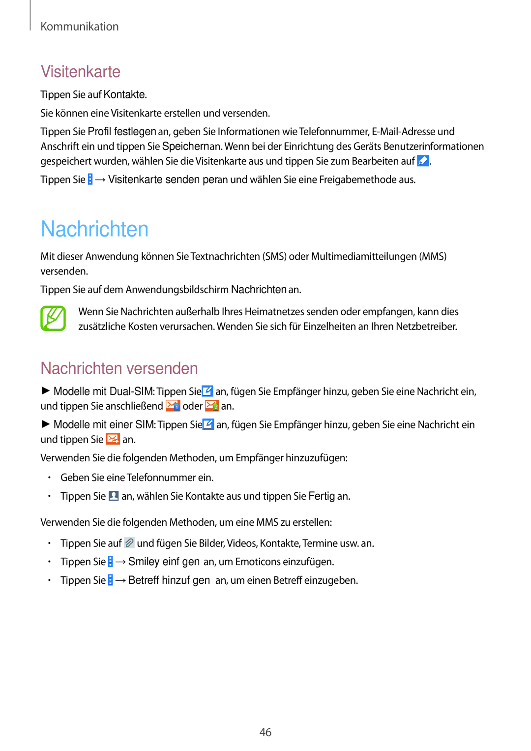 Samsung SM-G355HZKDMBC, SM-G355HZWDDBT, SM-G355HZKDDBT, SM-G355HZWDTPH manual Visitenkarte, Nachrichten versenden 