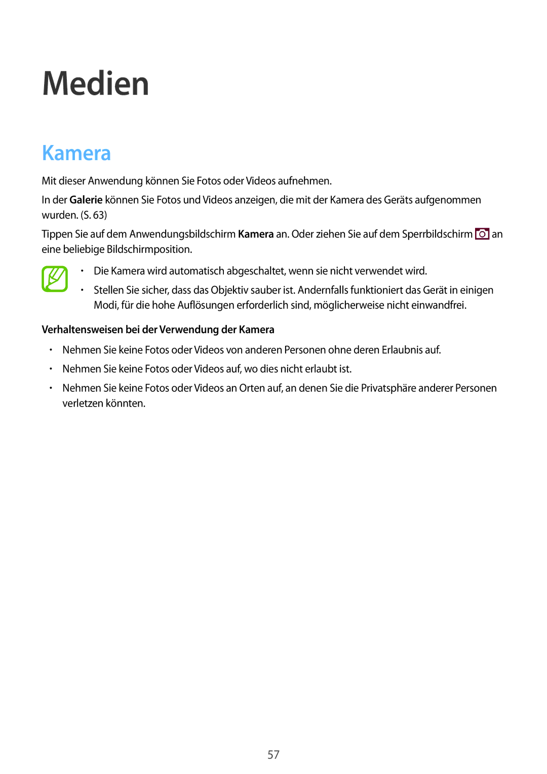 Samsung SM-G355HZKDDBT, SM-G355HZWDDBT, SM-G355HZWDTPH manual Medien, Verhaltensweisen bei der Verwendung der Kamera 