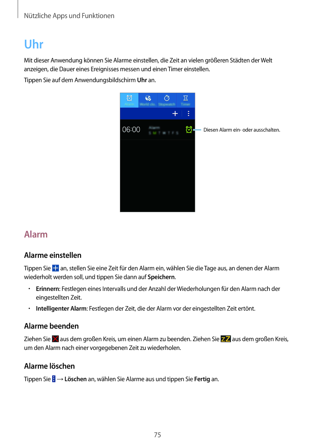 Samsung SM-G355HZWDMBC, SM-G355HZWDDBT, SM-G355HZKDDBT manual Uhr, Alarme einstellen, Alarme beenden, Alarme löschen 