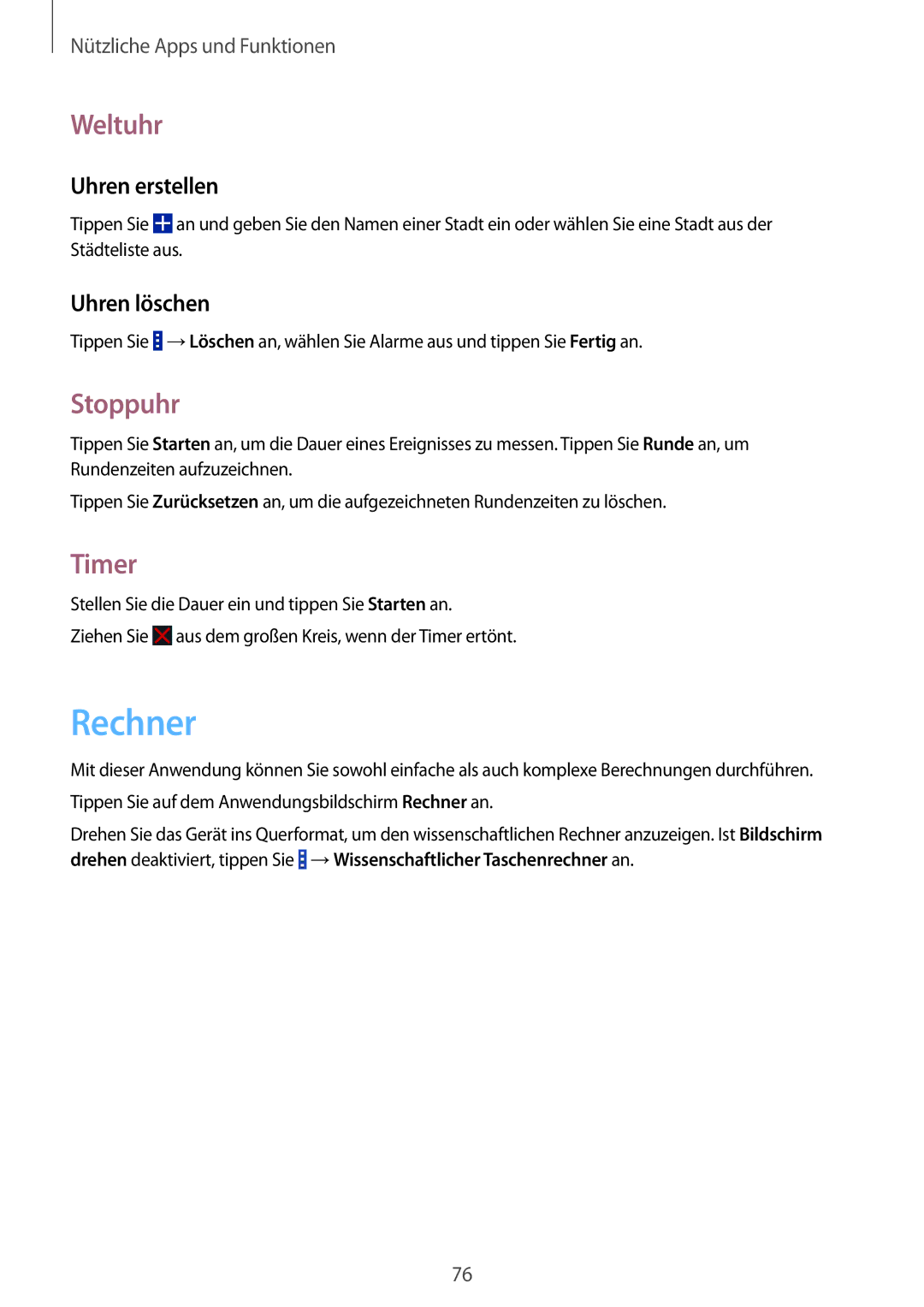 Samsung SM-G355HZKDTPH, SM-G355HZWDDBT, SM-G355HZKDDBT, SM-G355HZWDTPH, SM-G355HZKDOPT manual Rechner, Weltuhr, Stoppuhr, Timer 