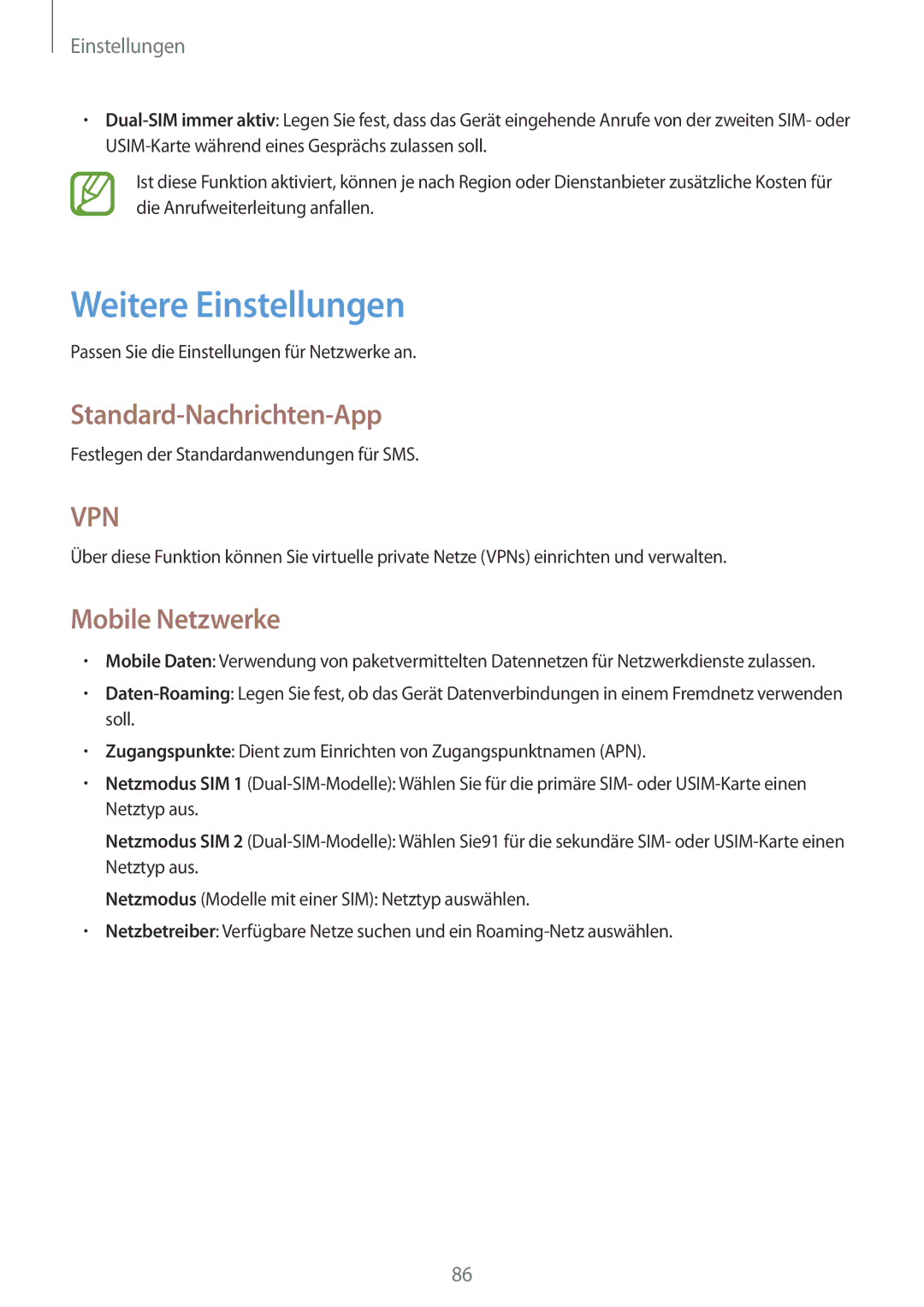 Samsung SM-G355HZWDTPH, SM-G355HZWDDBT, SM-G355HZKDDBT Weitere Einstellungen, Standard-Nachrichten-App, Mobile Netzwerke 