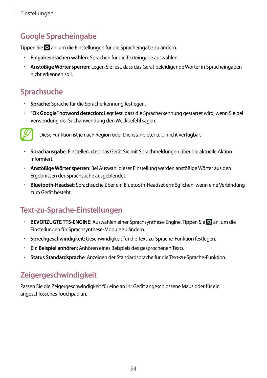 Samsung SM-G355HZKDOPT manual Google Spracheingabe, Sprachsuche, Text-zu-Sprache-Einstellungen, Zeigergeschwindigkeit 