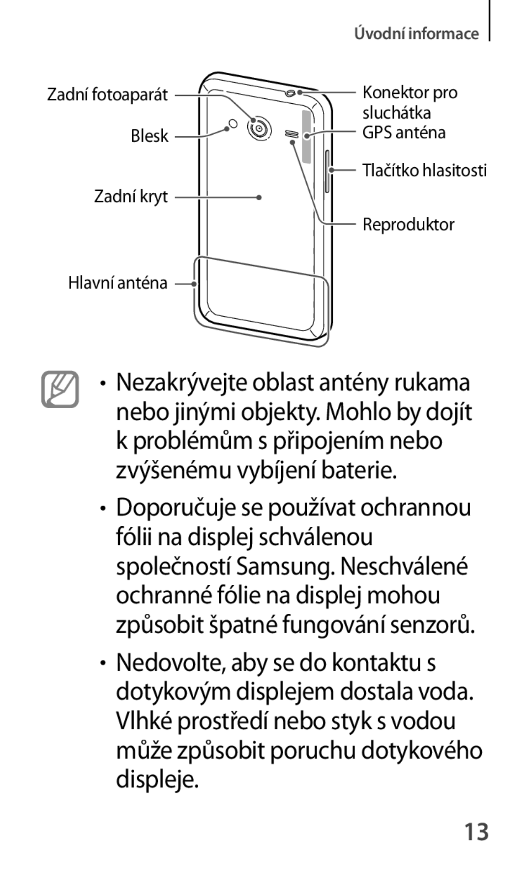 Samsung SM-G355HZKDXEH, SM-G355HZWDXEH, SM2G355HZWDXEH, SM-G355HZWDAUT, SM-G355HZKDAUT manual Zadní kryt Hlavní anténa 