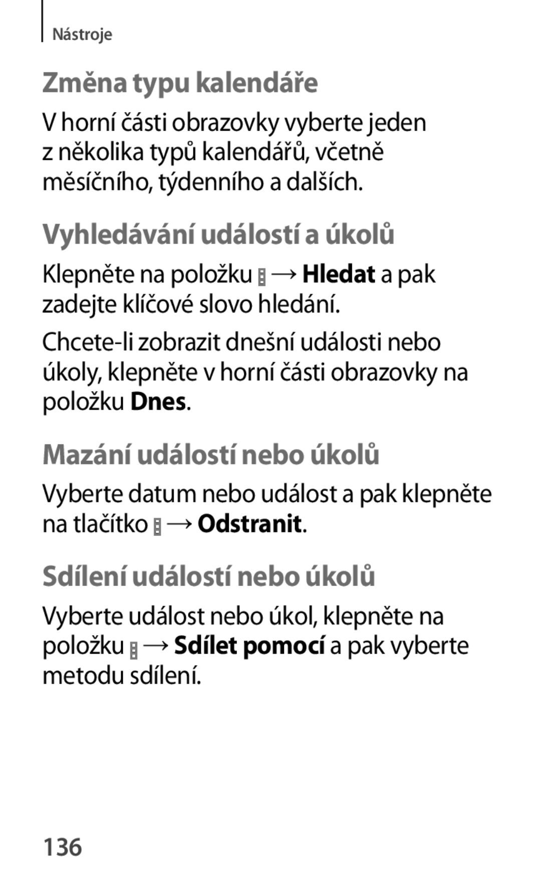 Samsung SM-G355HZKDAUT, SM-G355HZWDXEH Změna typu kalendáře, Vyhledávání událostí a úkolů, Mazání událostí nebo úkolů, 136 