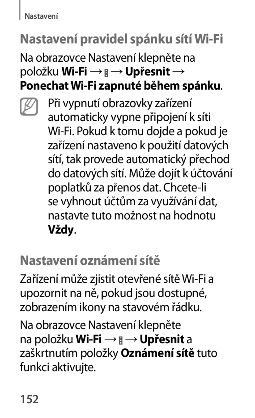 Samsung SM2G355HZWDXEH, SM-G355HZWDXEH manual Nastavení oznámení sítě, Ponechat Wi-Fi zapnuté během spánku, Vždy, 152 