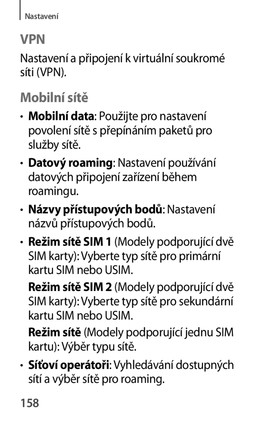 Samsung SM2G355HZWDXEH, SM-G355HZWDXEH manual Mobilní sítě, Nastavení a připojení k virtuální soukromé síti VPN, 158 