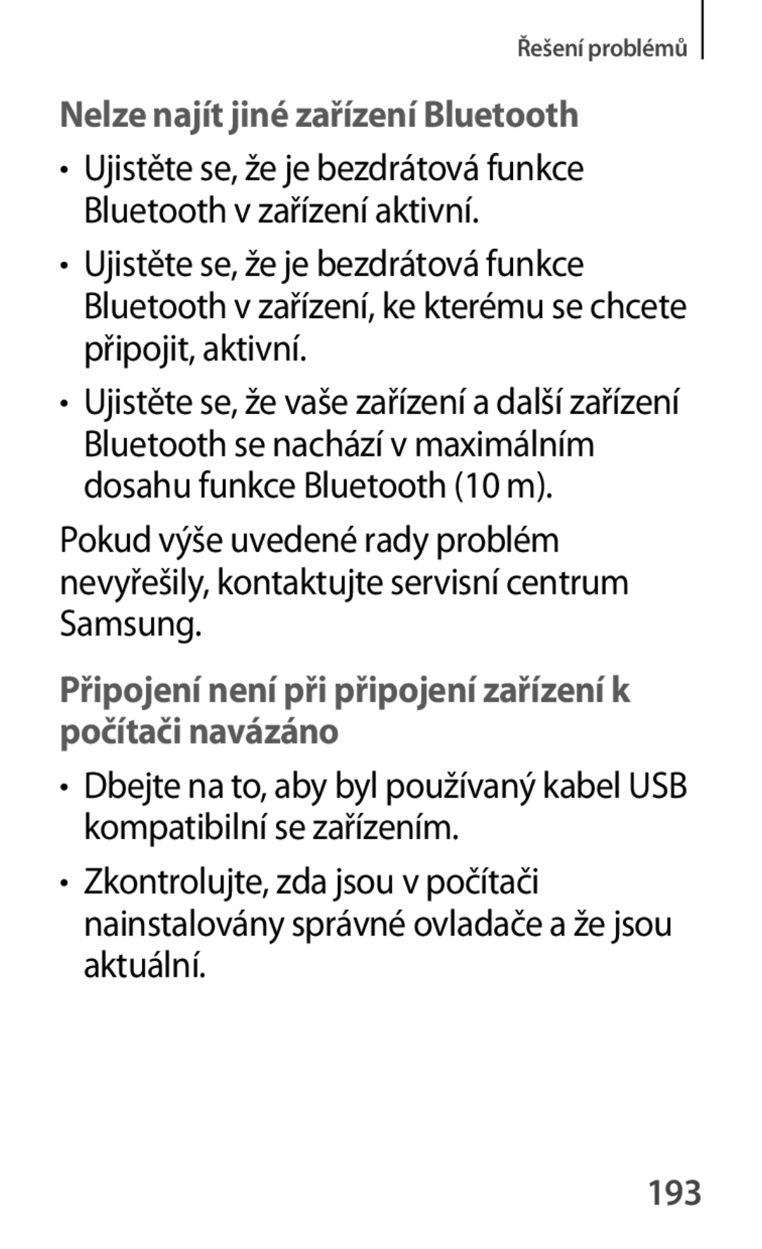 Samsung SM-G355HZKDXEH, SM-G355HZWDXEH, SM2G355HZWDXEH, SM-G355HZWDAUT manual Nelze najít jiné zařízení Bluetooth, 193 