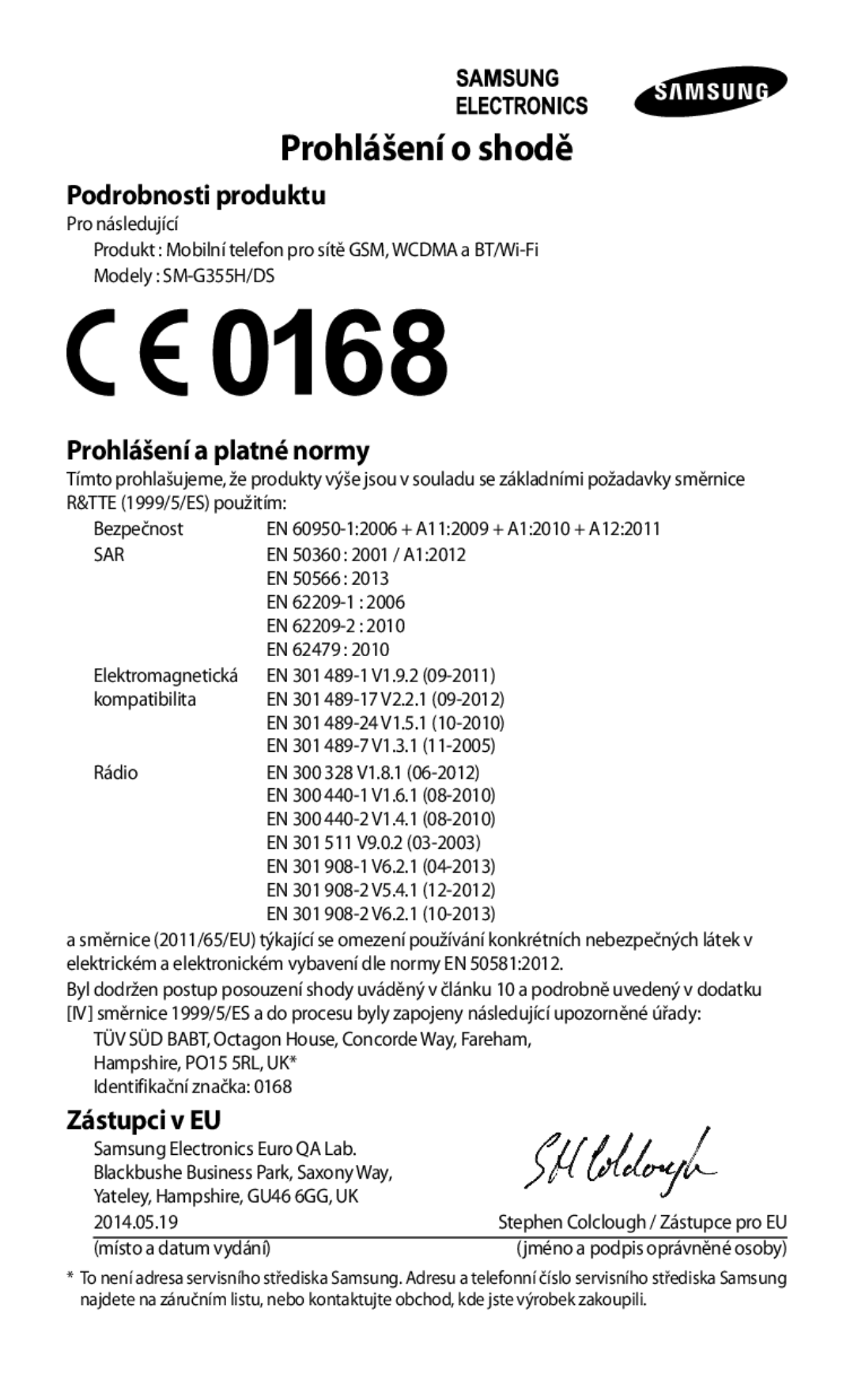 Samsung SM2G355HZKDXEH, SM-G355HZWDXEH, SM-G355HZKDXEH, SM2G355HZWDXEH, SM-G355HZWDAUT, SM-G355HZKDAUT manual Prohlášení o shodě 