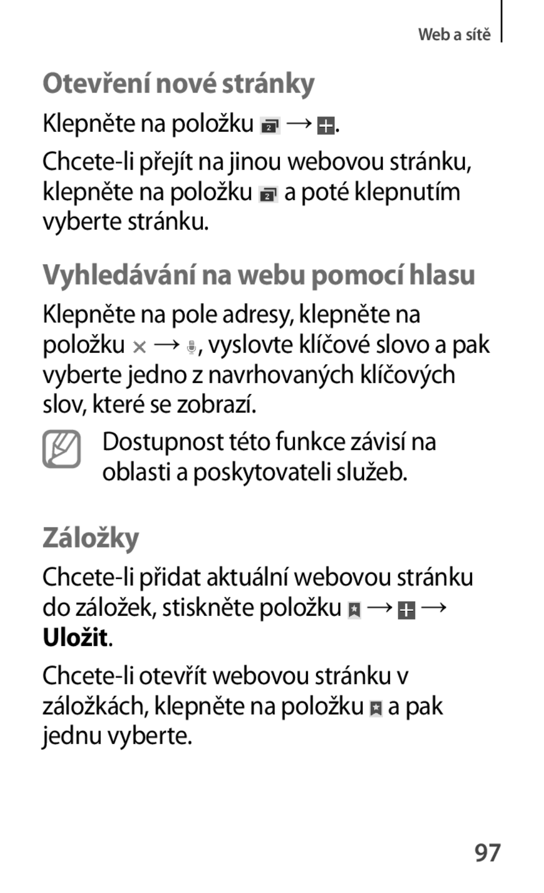 Samsung SM-G355HZKDXEH, SM-G355HZWDXEH, SM2G355HZWDXEH, SM-G355HZWDAUT, SM-G355HZKDAUT Otevření nové stránky, Záložky, Uložit 