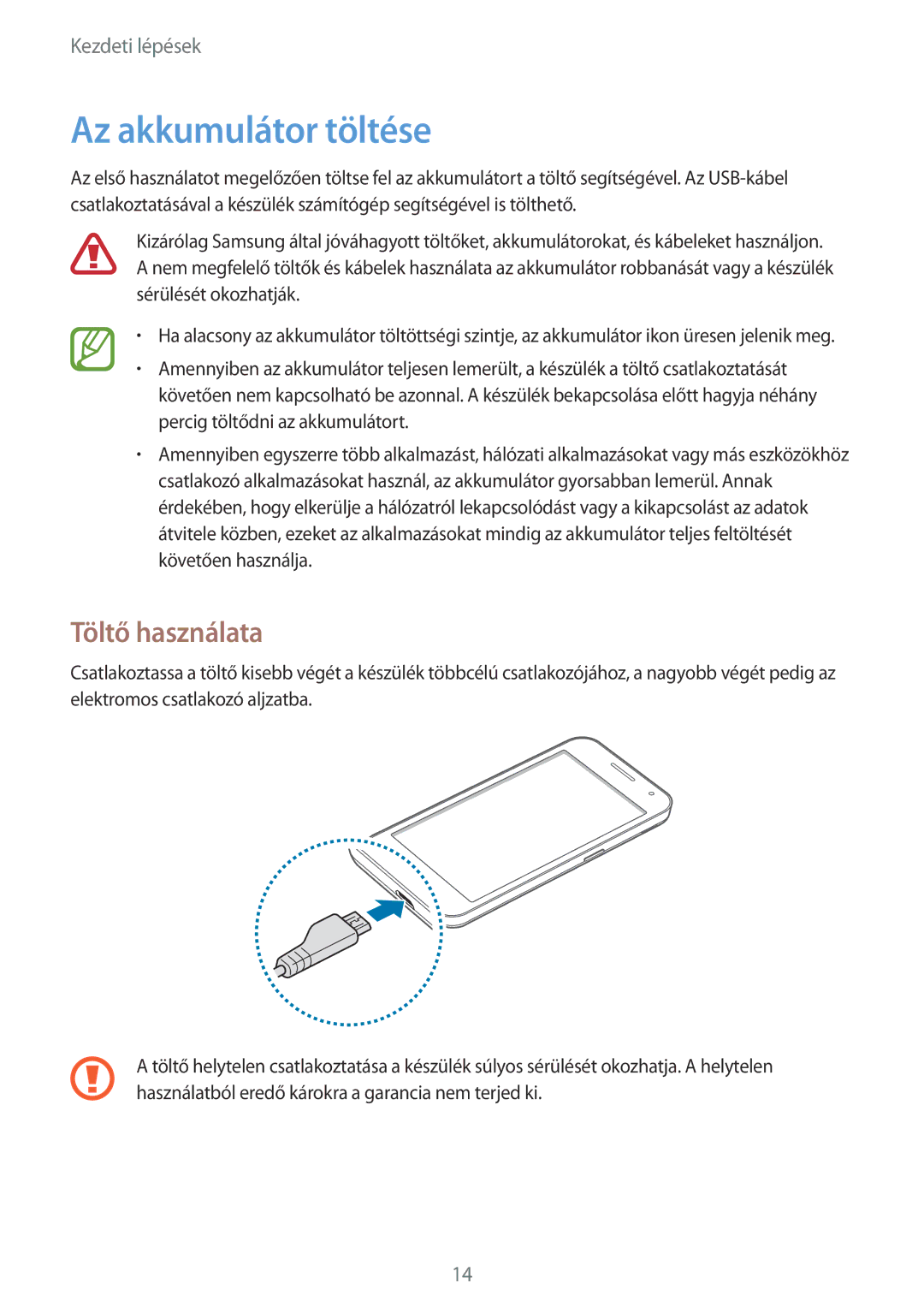 Samsung SM2G355HZWDXEH, SM-G355HZWDXEH, SM-G355HZKDXEH, SM-G355HZWDAUT manual Az akkumulátor töltése, Töltő használata 