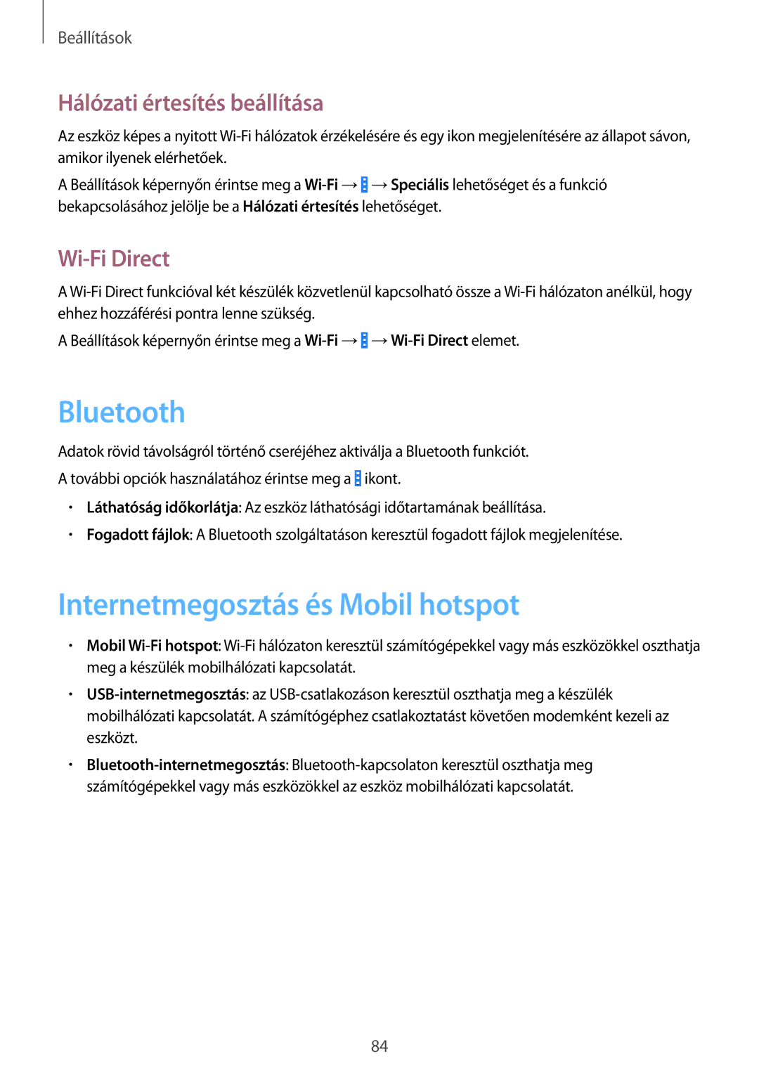 Samsung SM-G355HZWDXEH, SM-G355HZKDXEH Internetmegosztás és Mobil hotspot, Hálózati értesítés beállítása, Wi-Fi Direct 