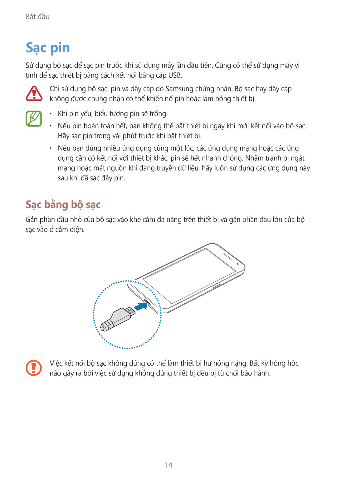 Samsung SM-G355HZWDXXV, SM-G355HZKDXXV manual Sạc pin, Sạc bằng bộ sạc 