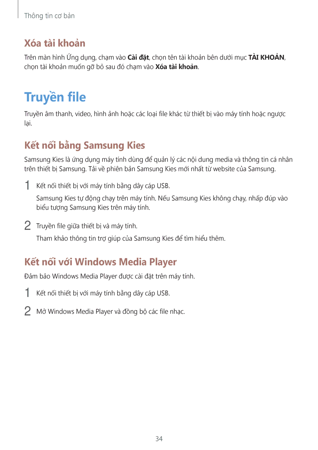 Samsung SM-G355HZWDXXV manual Truyền file, Xóa tài khoản, Kết nối bằng Samsung Kies, Kết nối với Windows Media Player 