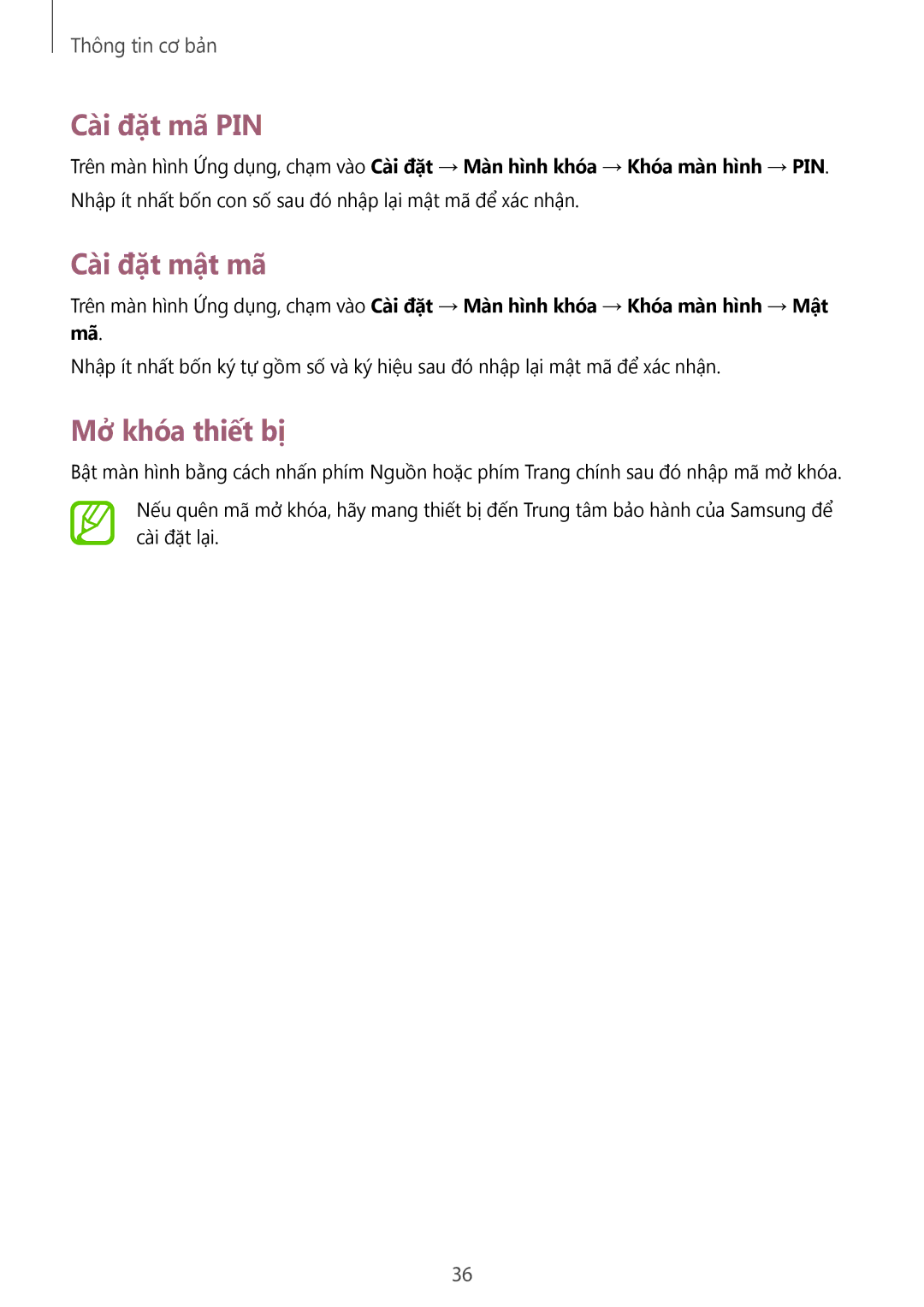 Samsung SM-G355HZWDXXV, SM-G355HZKDXXV manual Cài đặt mã PIN, Cài đặt mật mã, Mở khóa thiết bị 