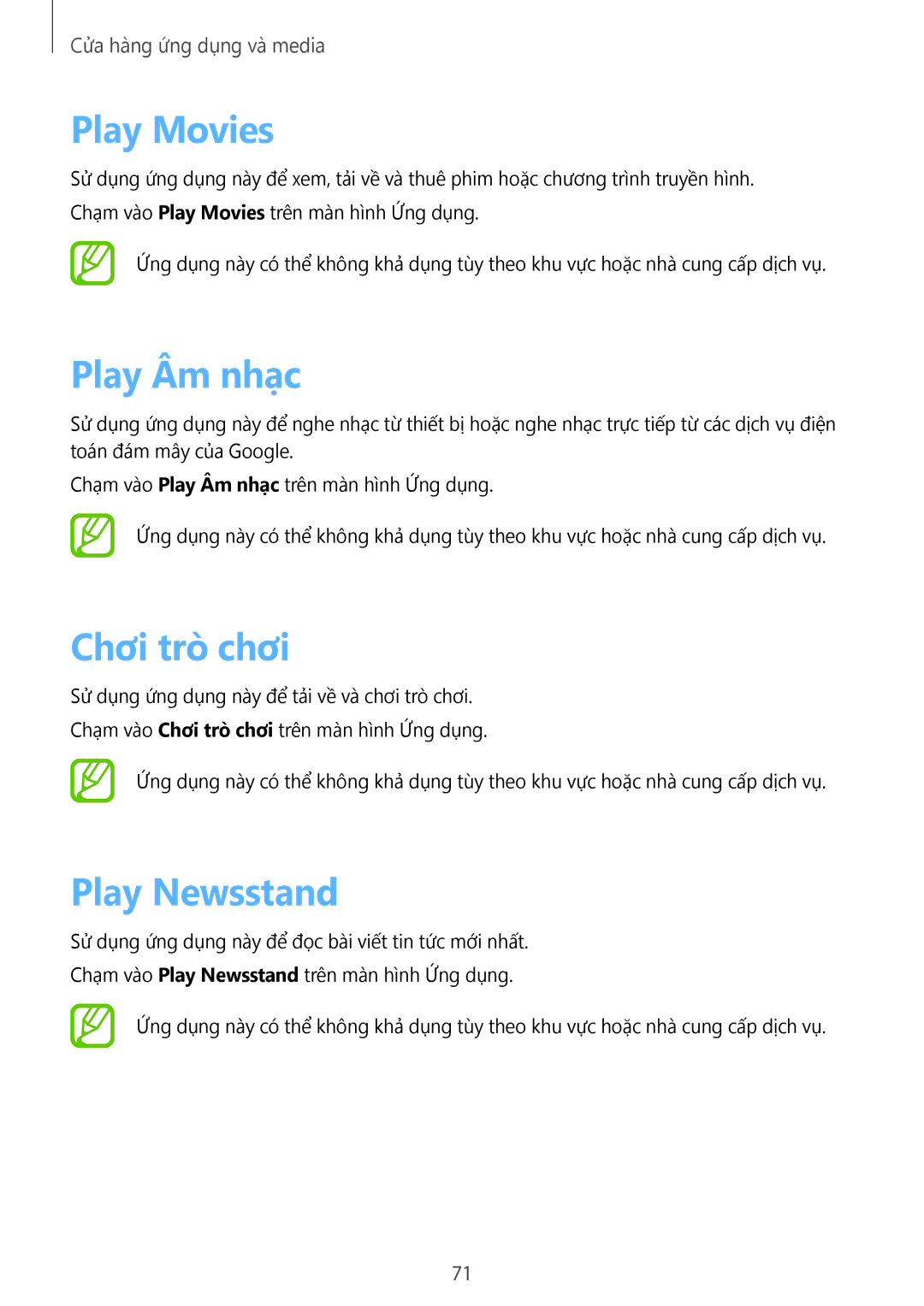 Samsung SM-G355HZKDXXV, SM-G355HZWDXXV manual Play Movies, Play Âm nhac, Chơi trò chơi, Play Newsstand 