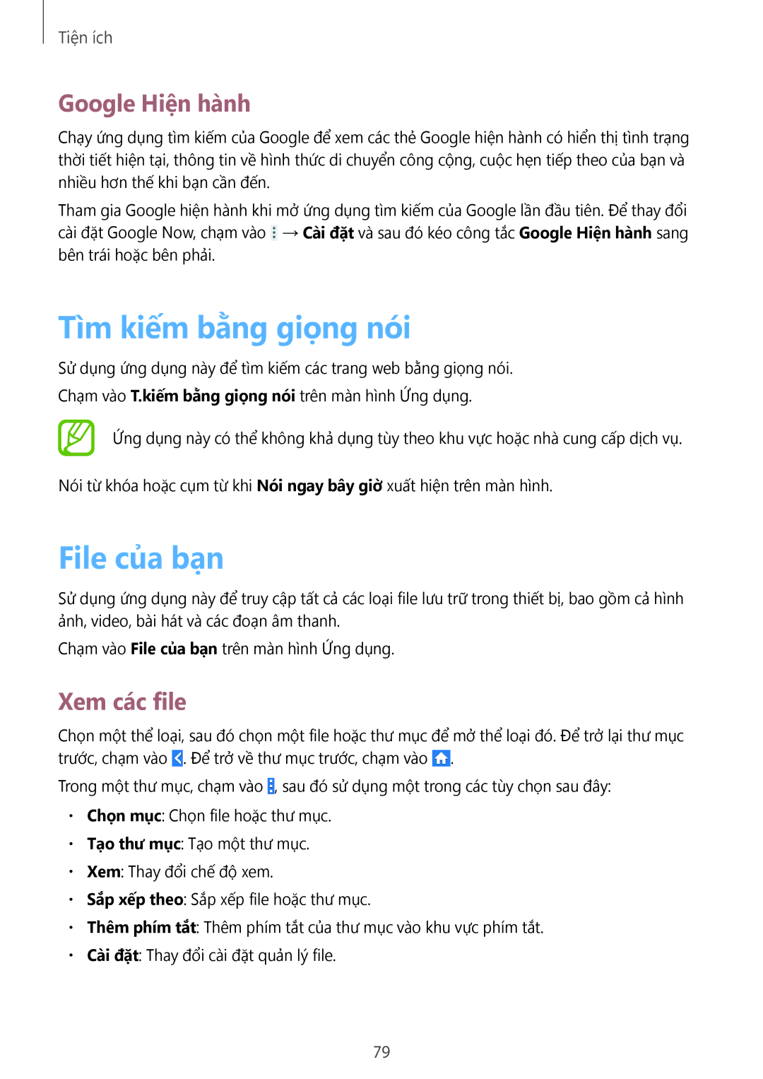 Samsung SM-G355HZKDXXV, SM-G355HZWDXXV manual Tìm kiếm bằng giọng nói, File của bạn, Google Hiên hanh, Xem các file 