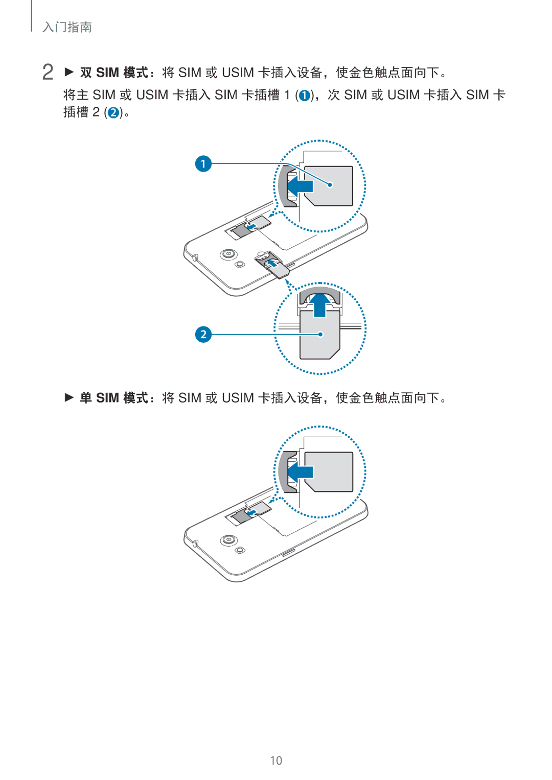 Samsung SM-G355HZWDXXV, SM-G355HZKDXXV manual SIM 模式：将 SIM 或 Usim 卡插入设备，使金色触点面向下。 