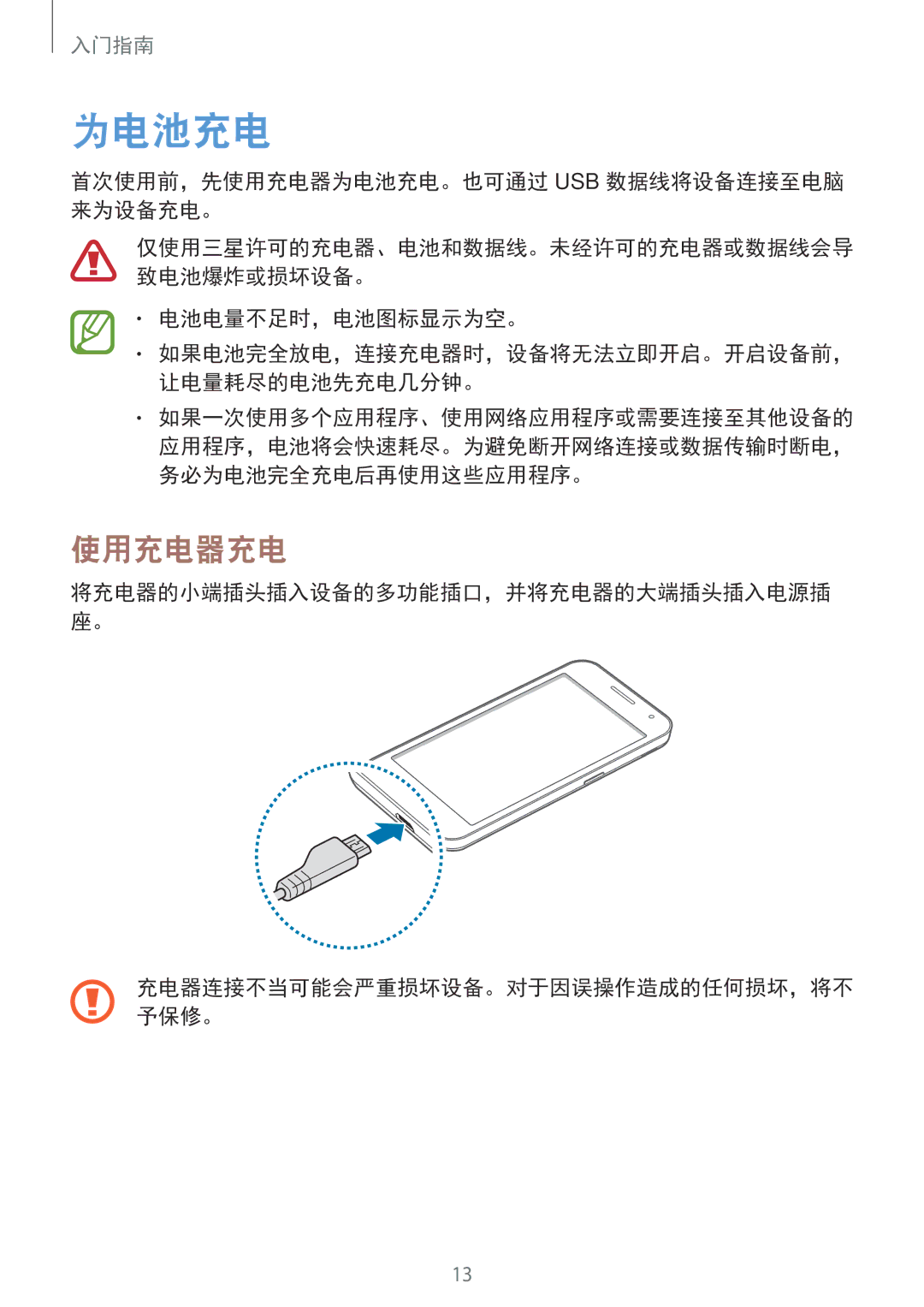 Samsung SM-G355HZKDXXV, SM-G355HZWDXXV manual 使用充电器充电, 首次使用前，先使用充电器为电池充电。也可通过 Usb 数据线将设备连接至电脑 来为设备充电。, 电池电量不足时，电池图标显示为空。 