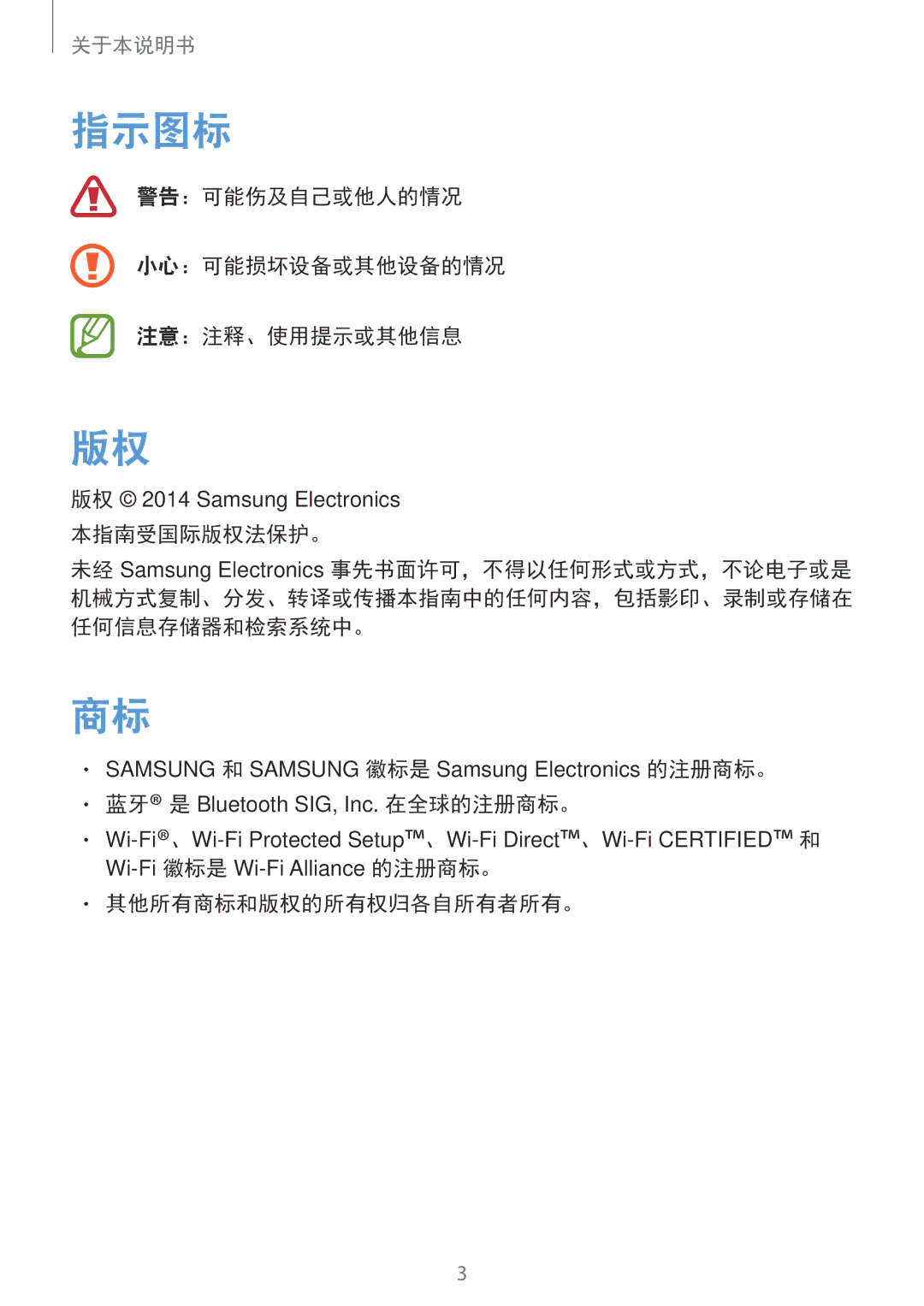 Samsung SM-G355HZKDXXV, SM-G355HZWDXXV 指示图标, 警告：可能伤及自己或他人的情况 小心：可能损坏设备或其他设备的情况 注意：注释、使用提示或其他信息, 其他所有商标和版权的所有权归各自所有者所有。 