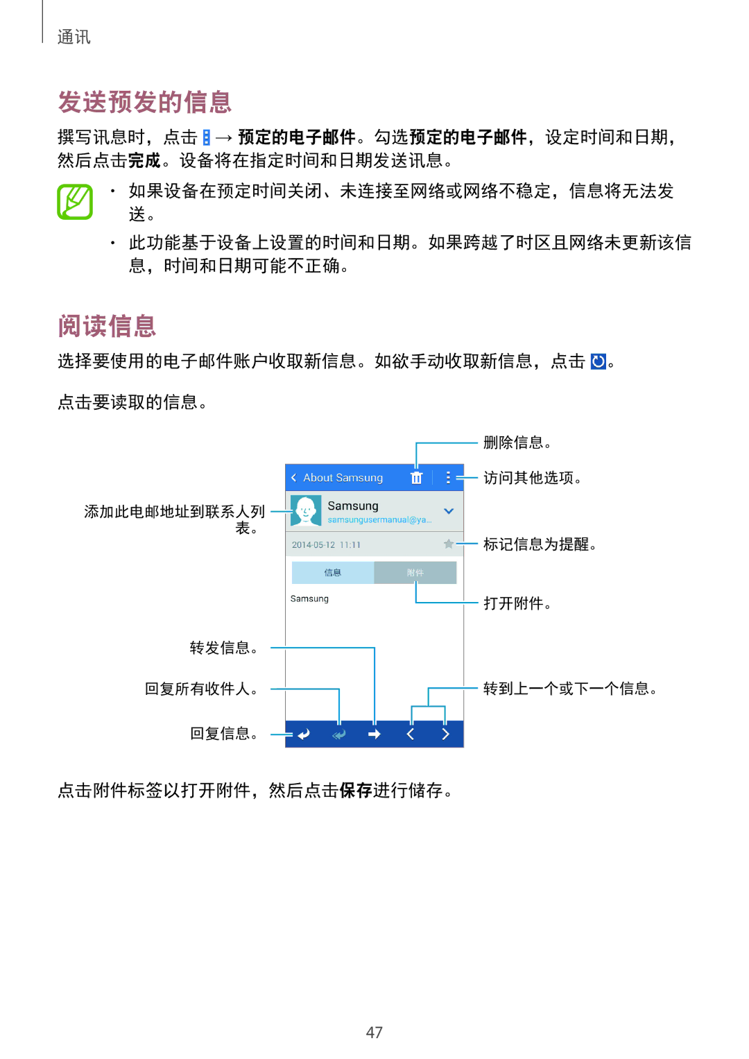 Samsung SM-G355HZKDXXV, SM-G355HZWDXXV manual 阅读信息, 选择要使用的电子邮件账户收取新信息。如欲手动收取新信息，点击 。 点击要读取的信息。, 点击附件标签以打开附件，然后点击保存进行储存。 