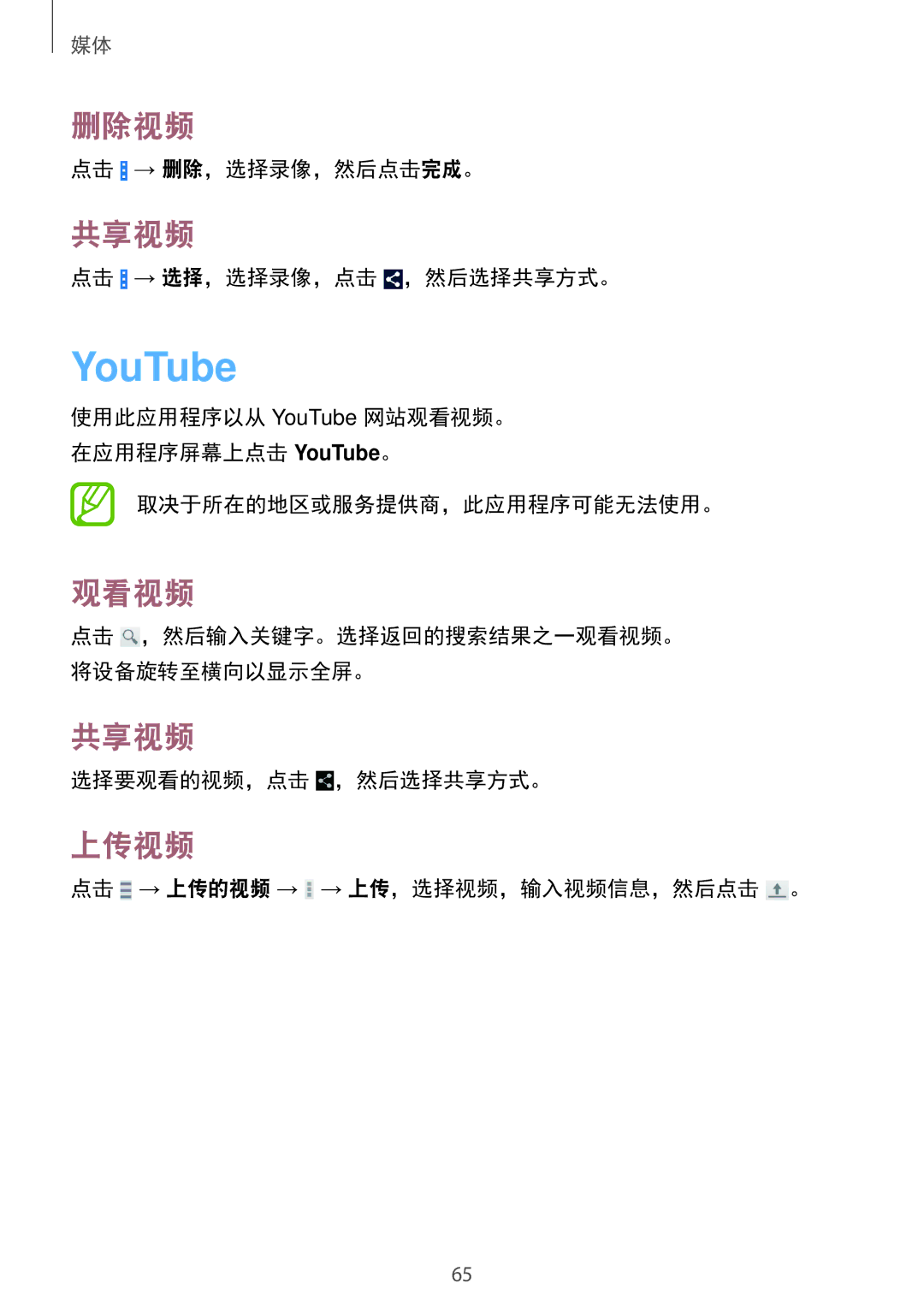 Samsung SM-G355HZKDXXV, SM-G355HZWDXXV manual YouTube, 删除视频, 共享视频, 观看视频, 上传视频 