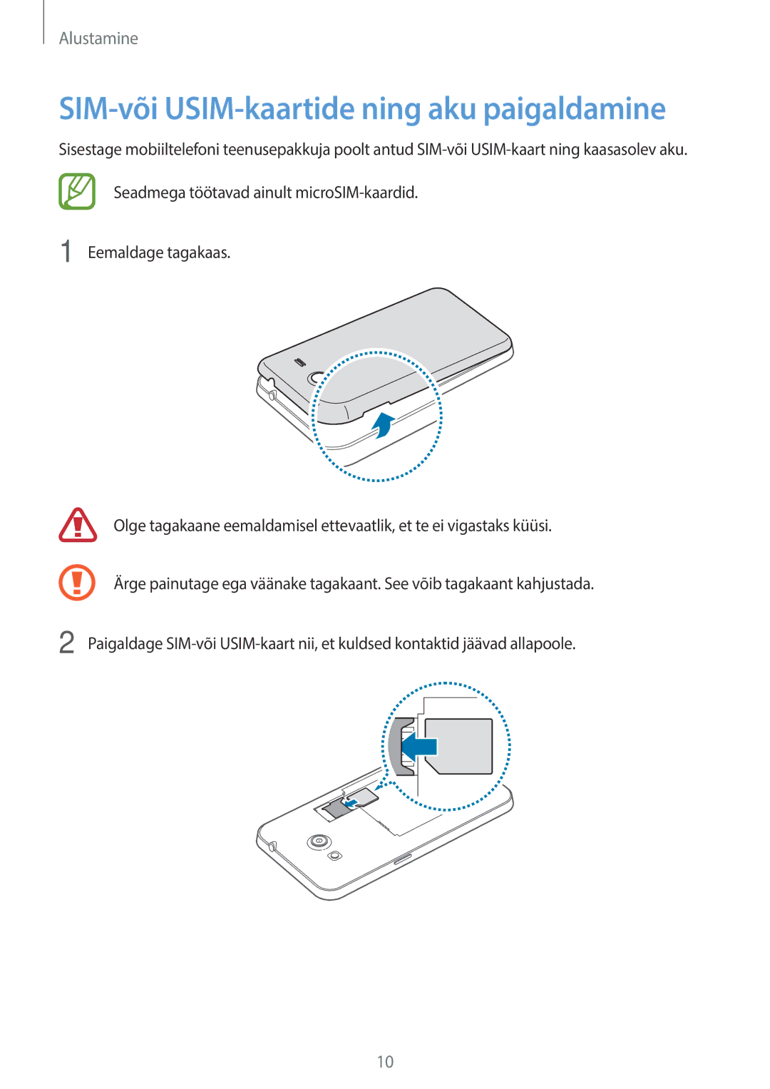 Samsung SM-G355HZWNSEB, SM-G355HZKNSEB manual SIM-või USIM-kaartide ning aku paigaldamine 