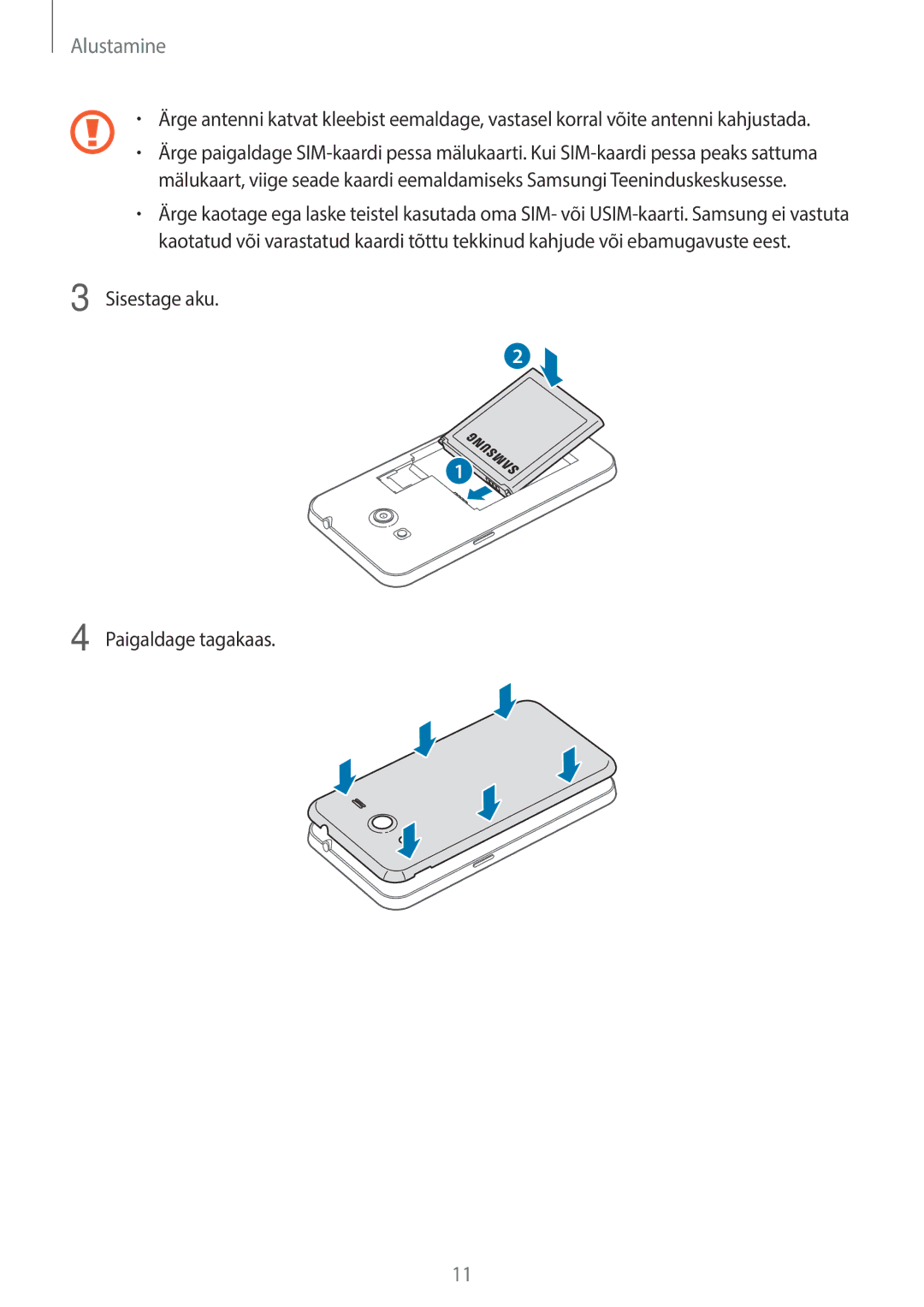 Samsung SM-G355HZKNSEB, SM-G355HZWNSEB manual Sisestage aku Paigaldage tagakaas 