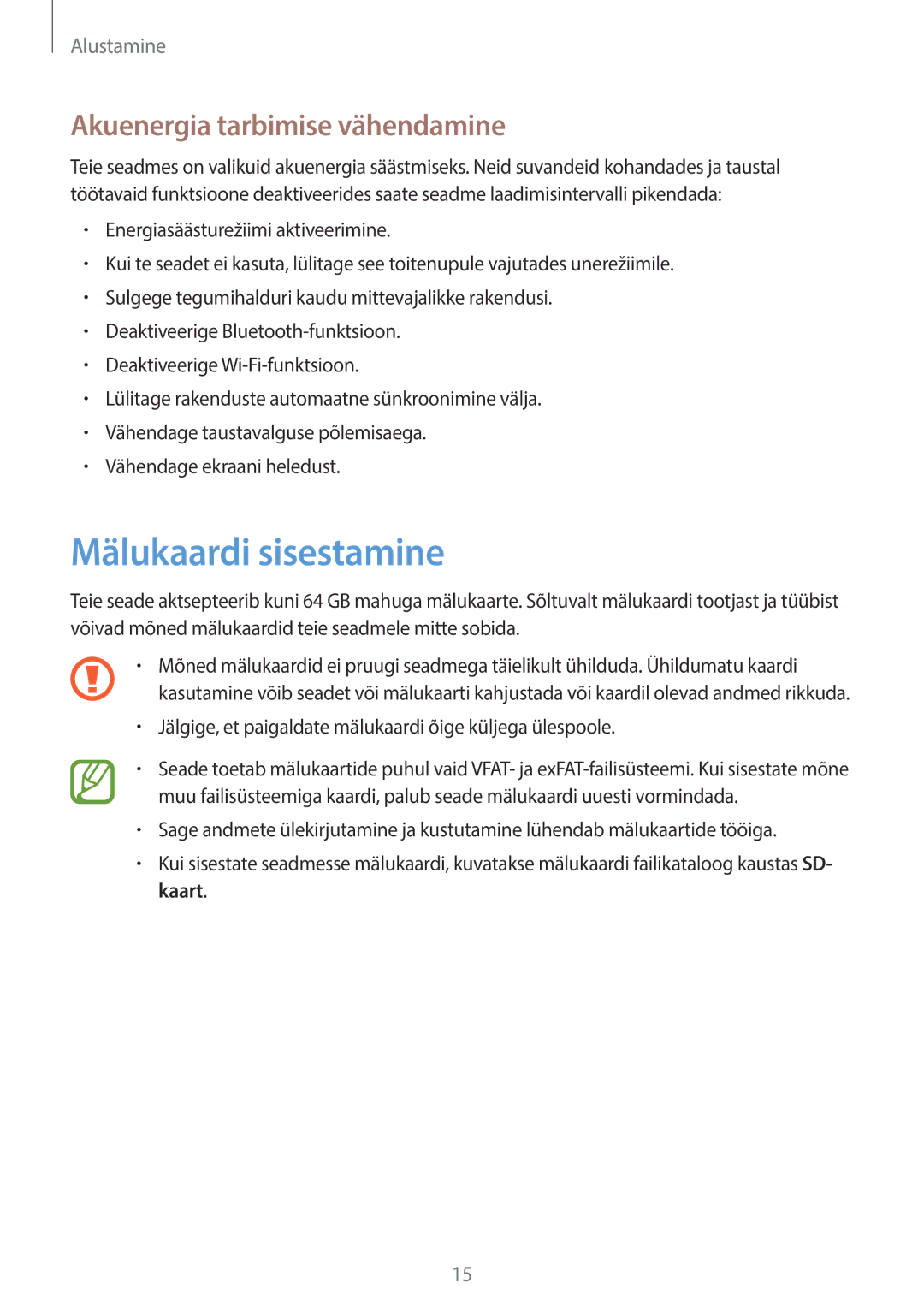 Samsung SM-G355HZKNSEB, SM-G355HZWNSEB manual Mälukaardi sisestamine, Akuenergia tarbimise vähendamine 