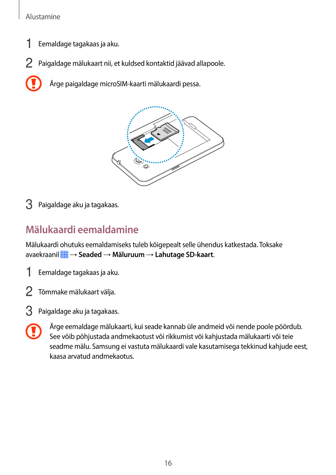 Samsung SM-G355HZWNSEB, SM-G355HZKNSEB manual Mälukaardi eemaldamine 