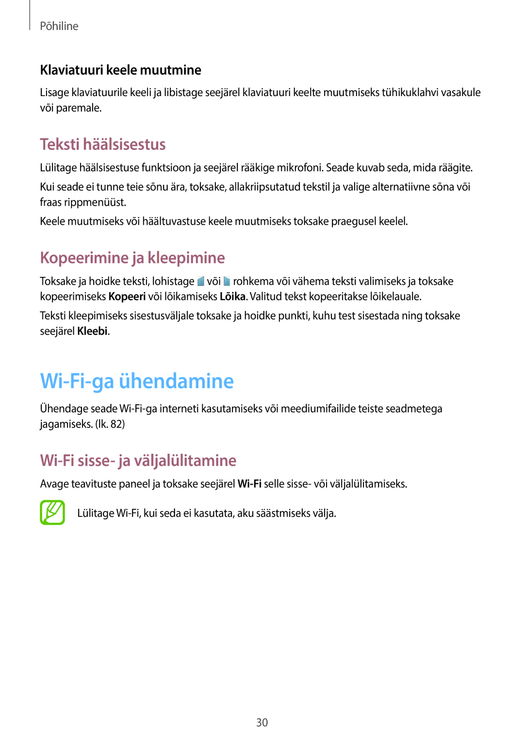Samsung SM-G355HZWNSEB Wi-Fi-ga ühendamine, Teksti häälsisestus, Kopeerimine ja kleepimine, Klaviatuuri keele muutmine 