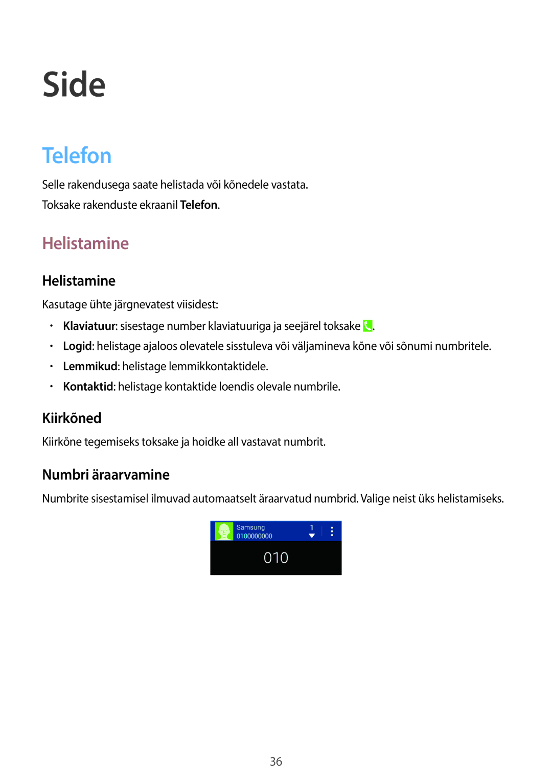 Samsung SM-G355HZWNSEB, SM-G355HZKNSEB manual Side, Telefon, Helistamine 