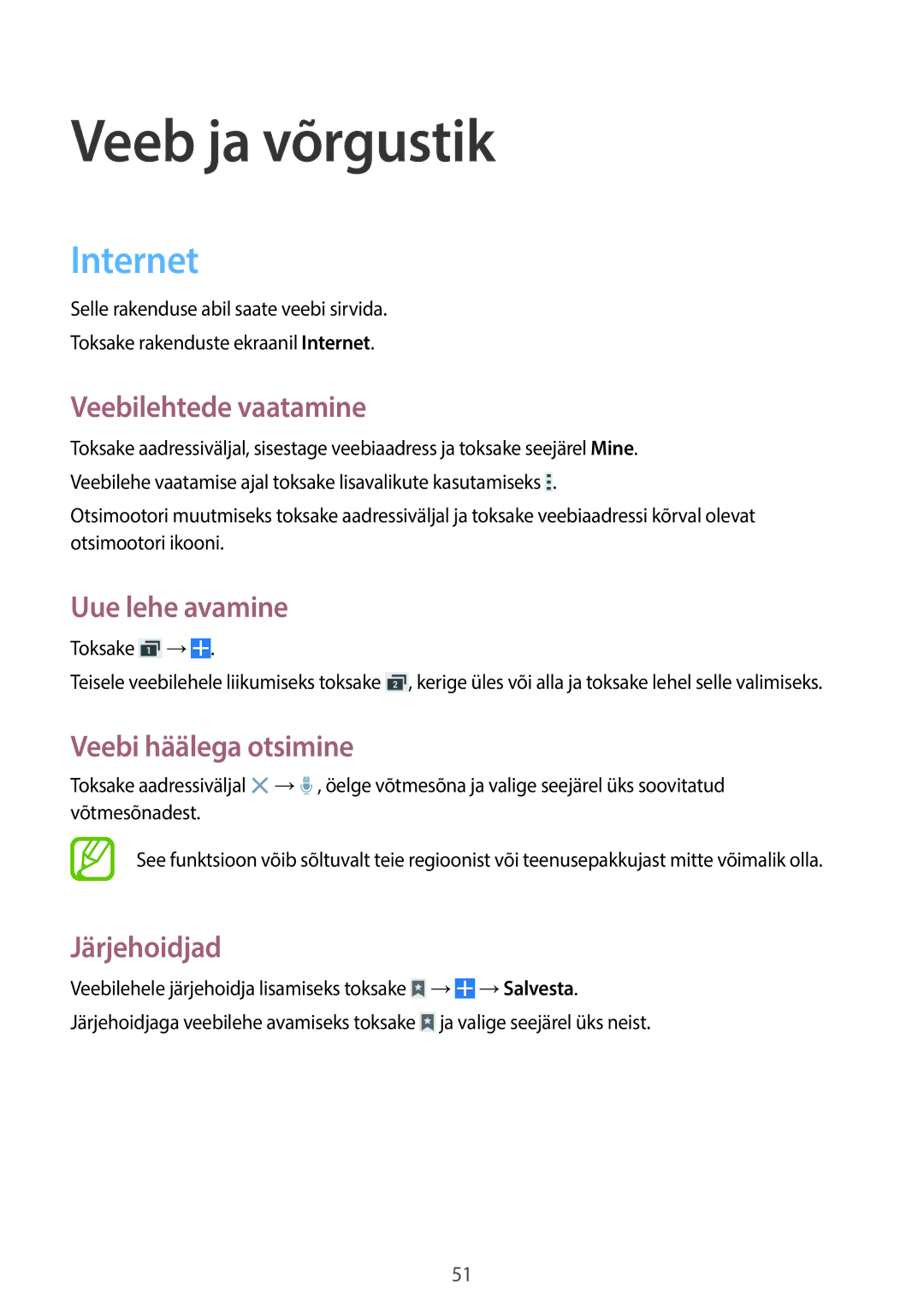 Samsung SM-G355HZKNSEB, SM-G355HZWNSEB manual Veeb ja võrgustik, Internet 