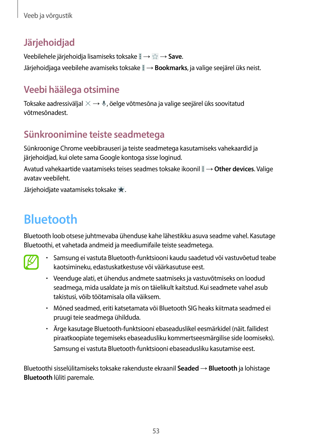 Samsung SM-G355HZKNSEB, SM-G355HZWNSEB manual Bluetooth, Sünkroonimine teiste seadmetega 