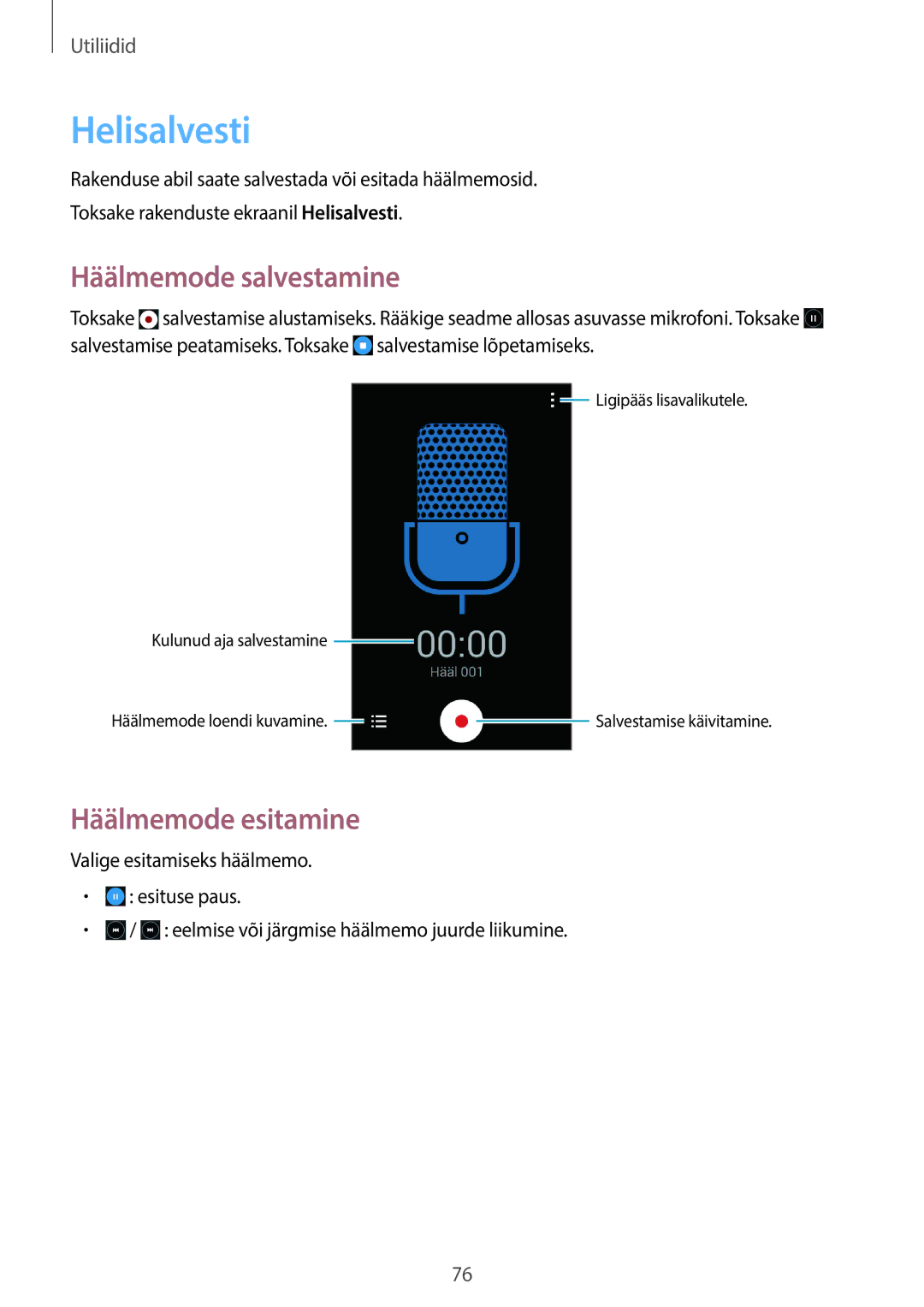 Samsung SM-G355HZWNSEB, SM-G355HZKNSEB manual Helisalvesti, Häälmemode salvestamine, Häälmemode esitamine 