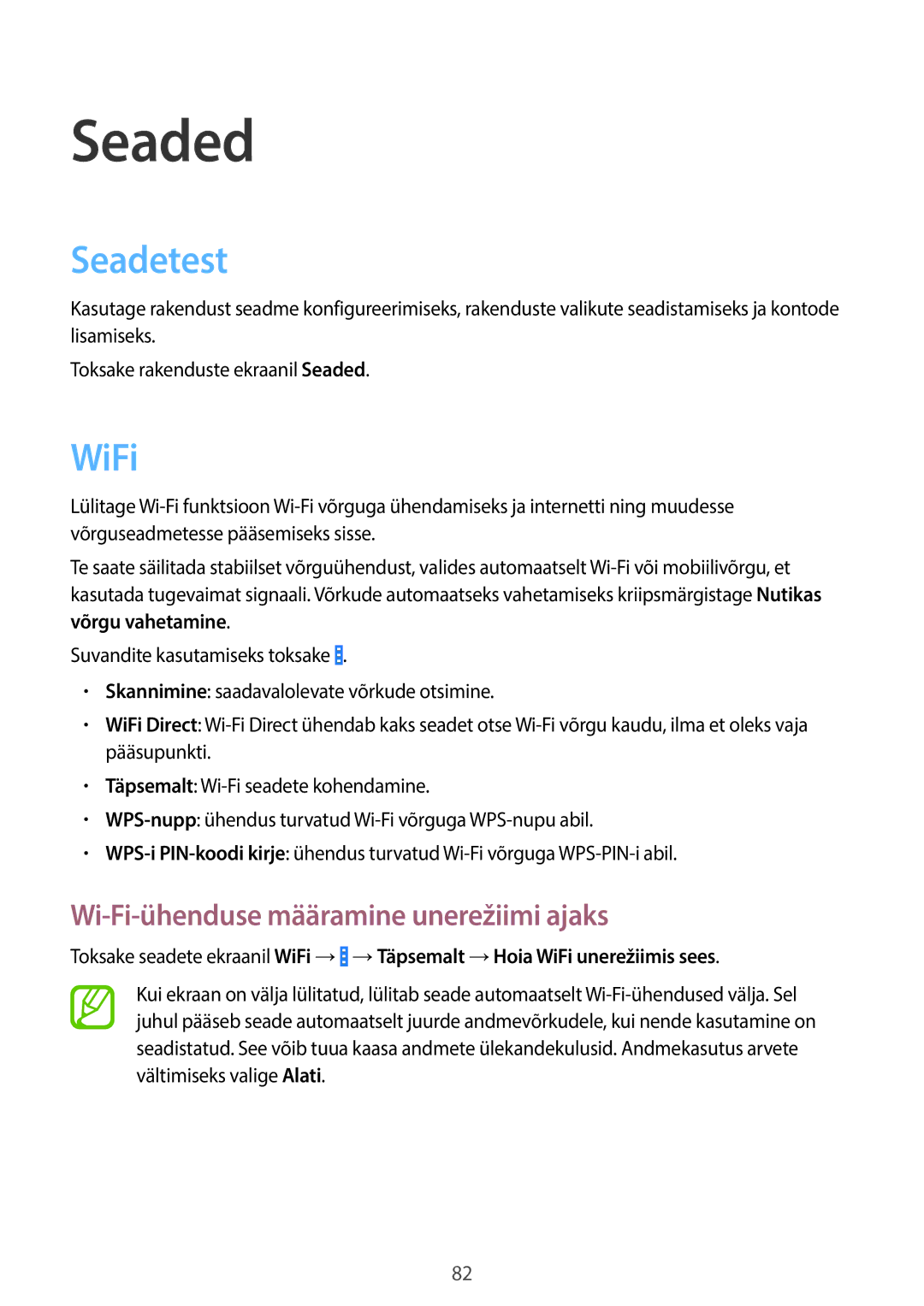 Samsung SM-G355HZWNSEB, SM-G355HZKNSEB manual Seaded, Seadetest, WiFi, Wi-Fi-ühenduse määramine unerežiimi ajaks 