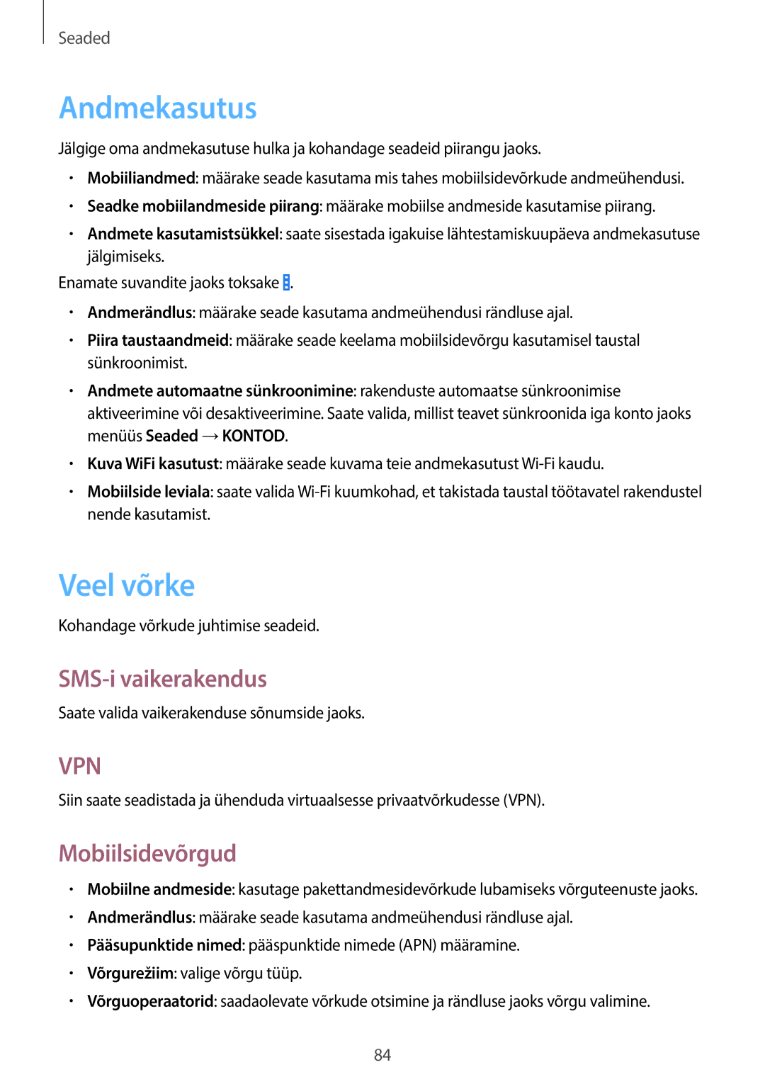 Samsung SM-G355HZWNSEB, SM-G355HZKNSEB manual Andmekasutus, Veel võrke, SMS-i vaikerakendus, Mobiilsidevõrgud 