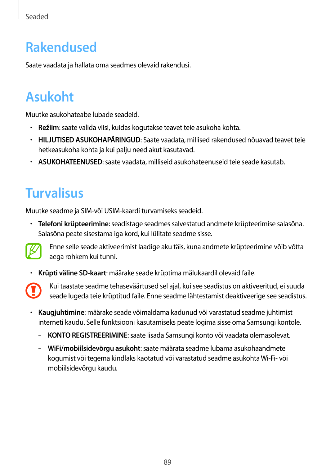 Samsung SM-G355HZKNSEB, SM-G355HZWNSEB manual Rakendused, Asukoht, Turvalisus 