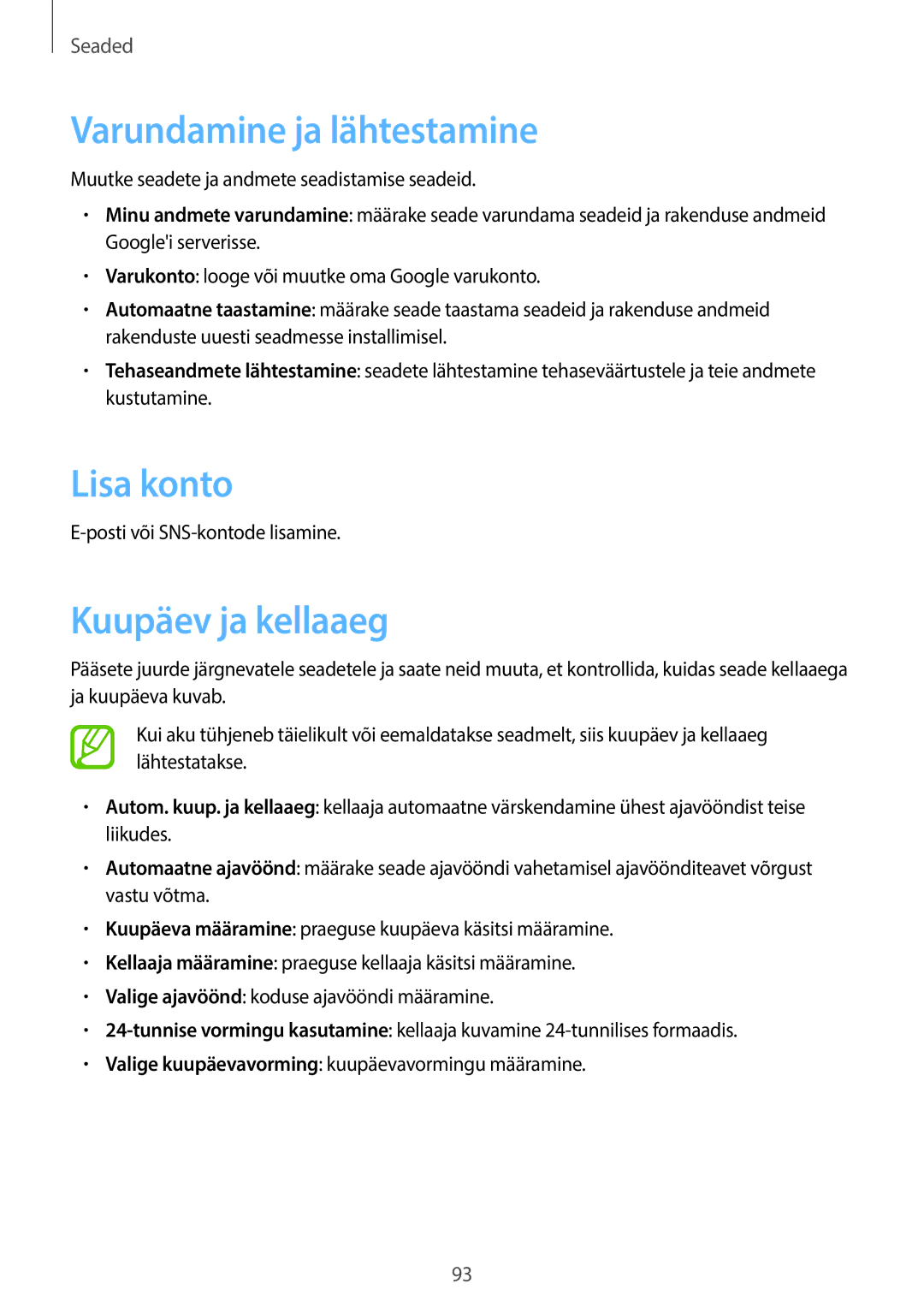 Samsung SM-G355HZKNSEB, SM-G355HZWNSEB manual Varundamine ja lähtestamine, Lisa konto, Kuupäev ja kellaaeg 