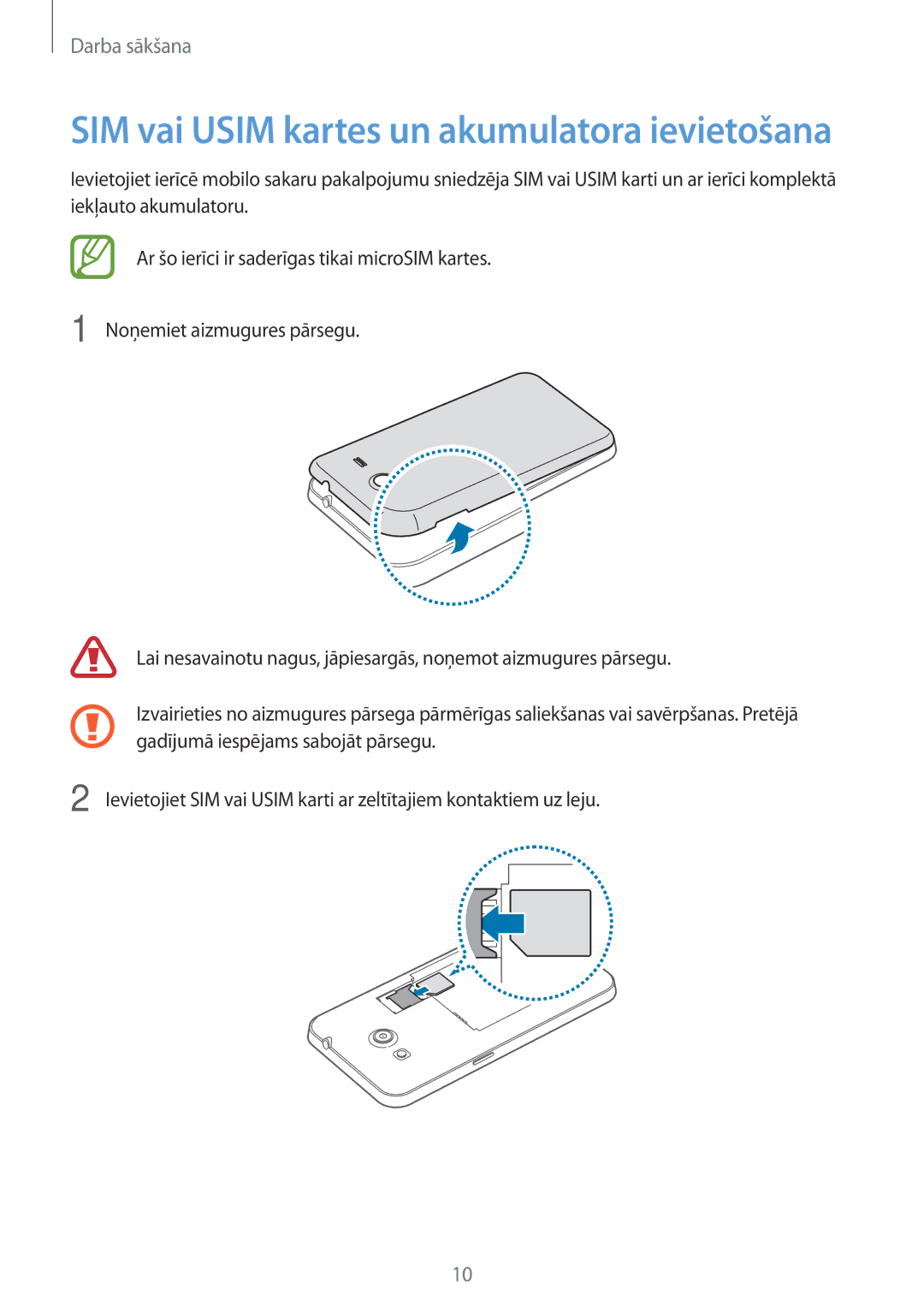 Samsung SM-G355HZWNSEB, SM-G355HZKNSEB manual SIM vai Usim kartes un akumulatora ievietošana 