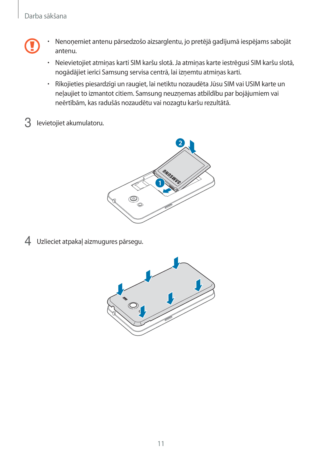 Samsung SM-G355HZKNSEB, SM-G355HZWNSEB manual Antenu, Ievietojiet akumulatoru Uzlieciet atpakaļ aizmugures pārsegu 